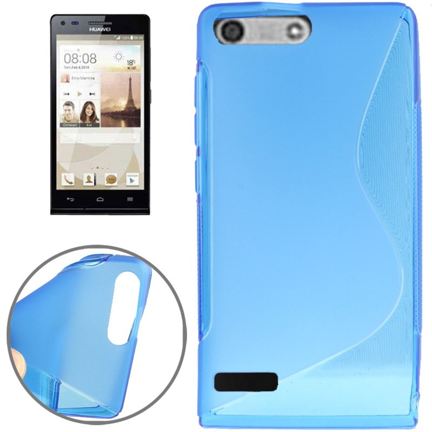 Blaue Handyhülle mit Wellendesign und einem Telefon. Das Telefon hat einen Bildschirm mit Uhrzeit und einer Karte.