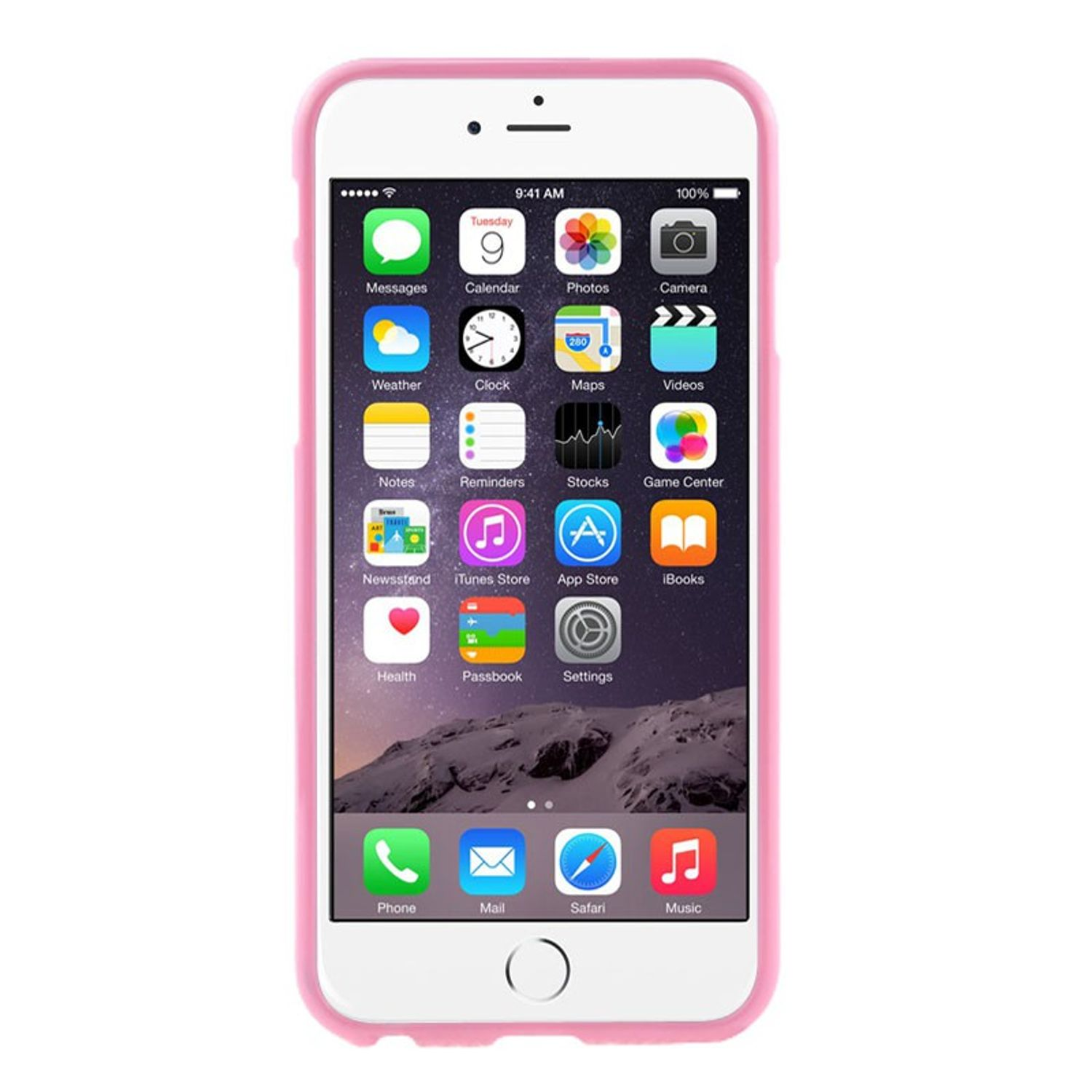 Weißes iPhone in pinkfarbenem Gehäuse. Der Bildschirm zeigt Apps.