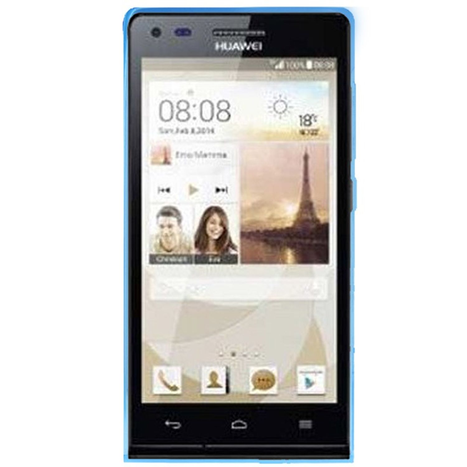 Huawei Smartphone mit Uhrzeit, Wetter, Foto von Paar und Eiffelturm. Blaue Umrandung.