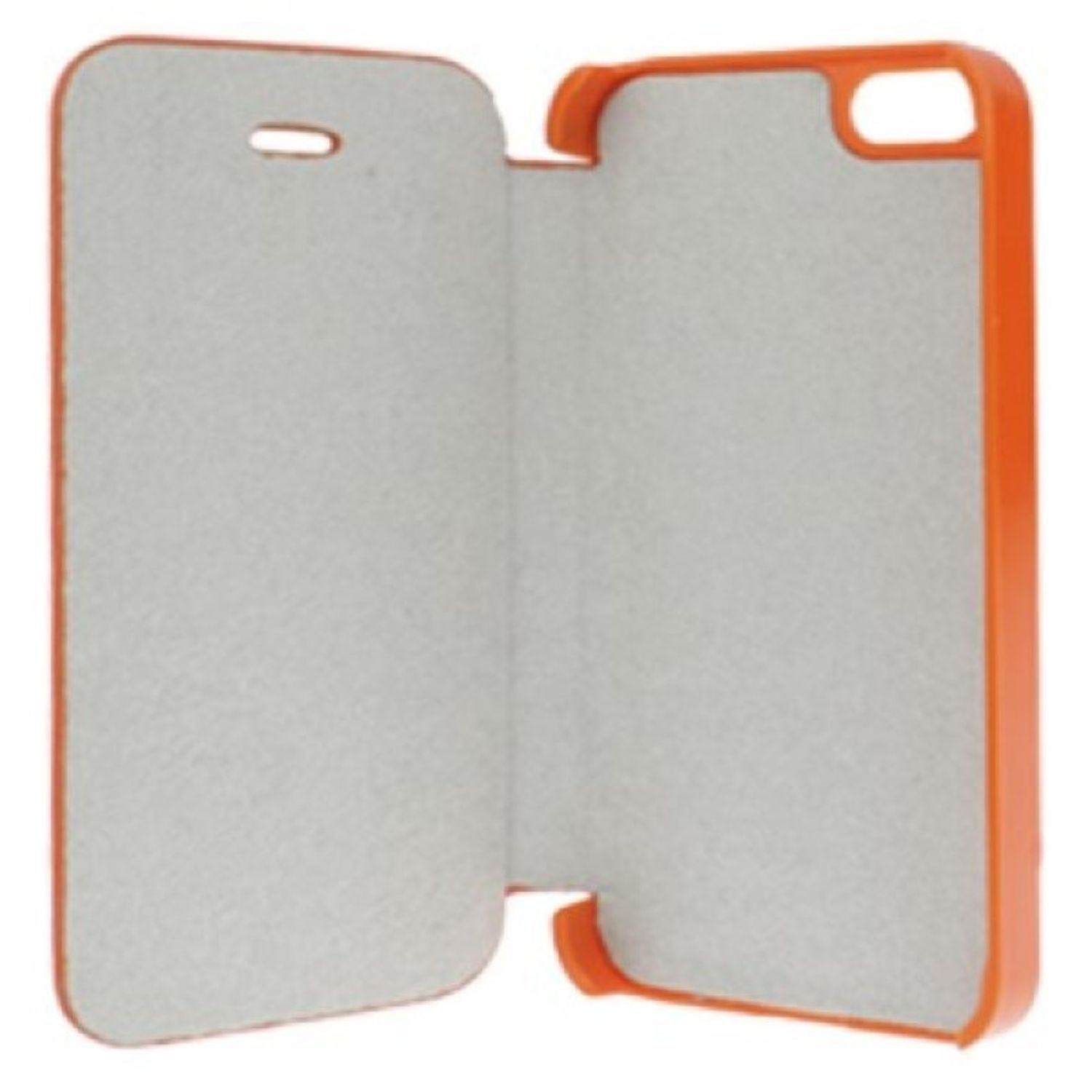 Offene orangefarbene Handyhülle. Graue Innenseite. Weißer Hintergrund. Telefonform sichtbar.