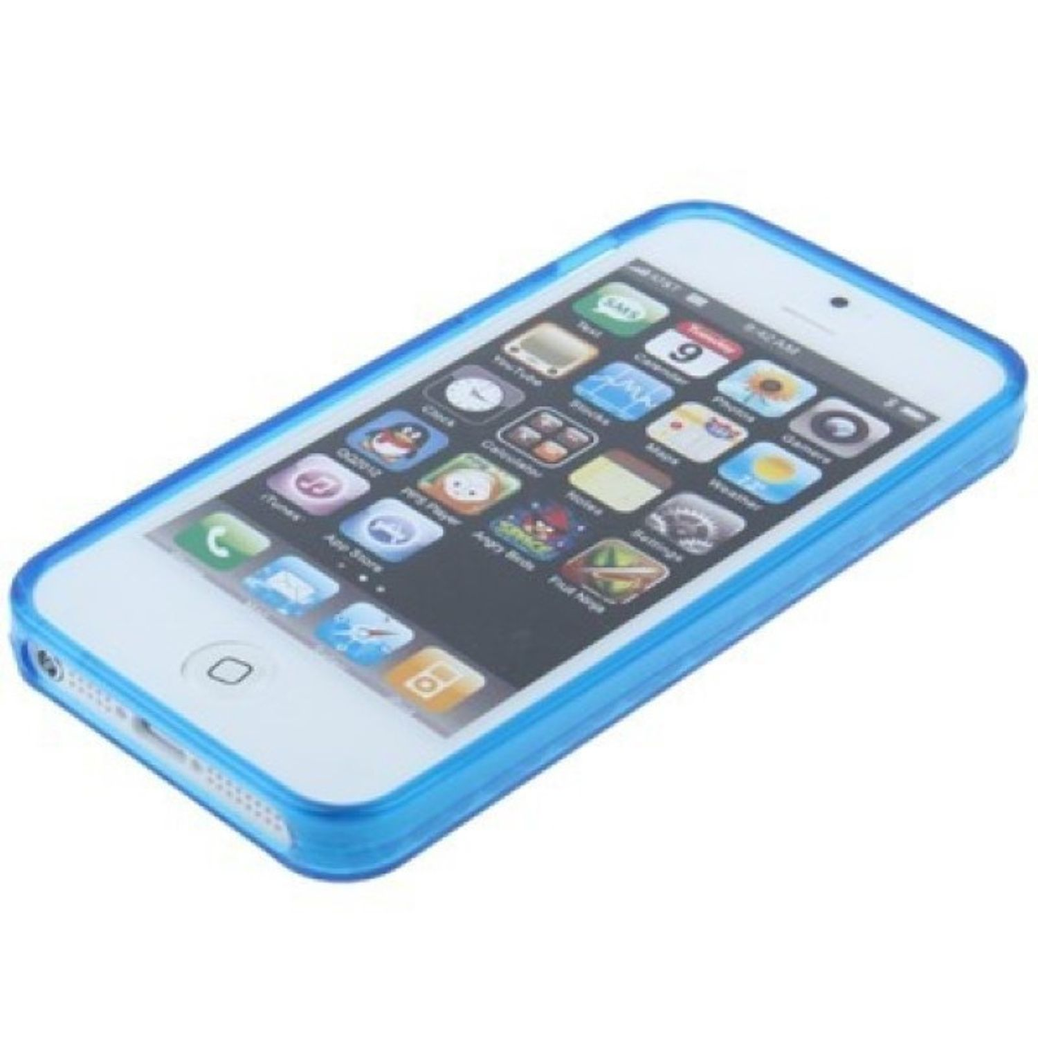 Weißes iPhone mit blauem Gehäuse. Der Bildschirm zeigt App-Symbole. Weißer Hintergrund.