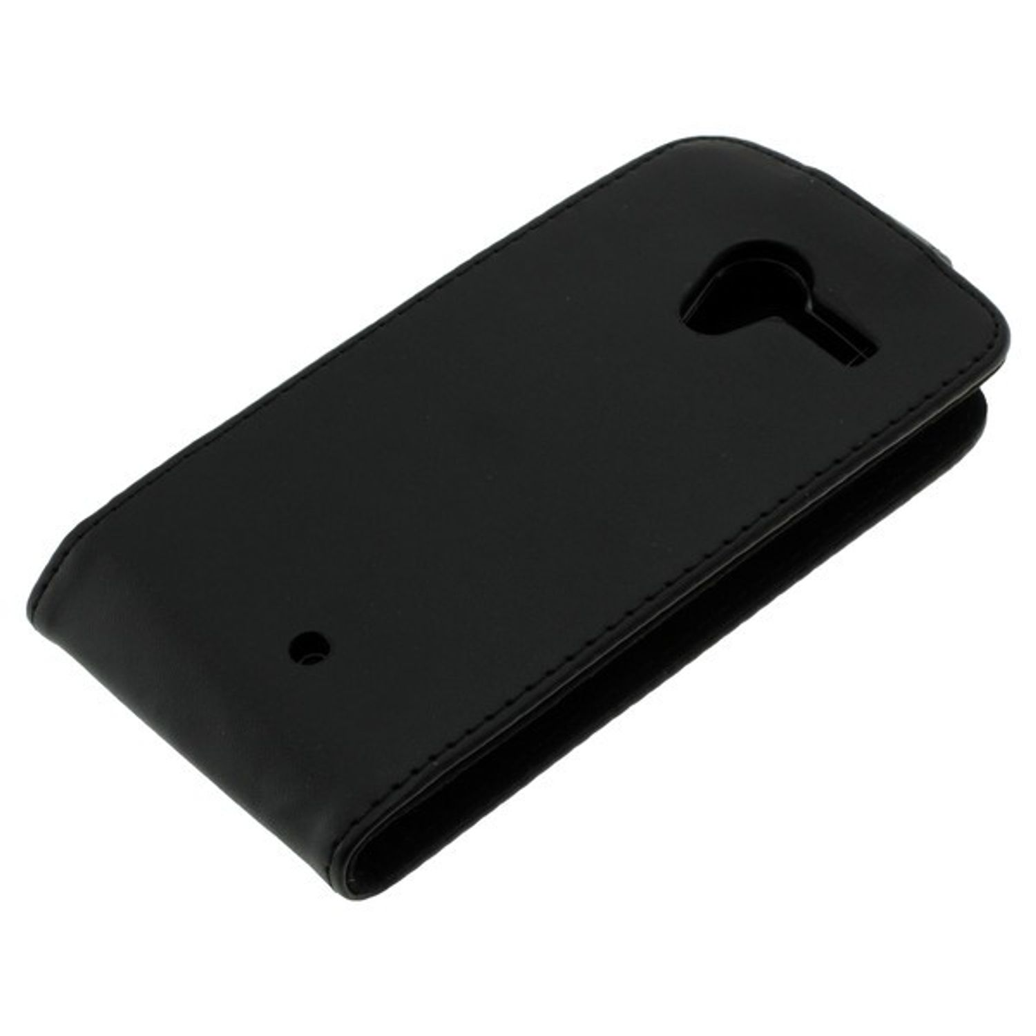 Geschlossene schwarze Handyhülle aus Leder mit Aussparung für die Kamera.