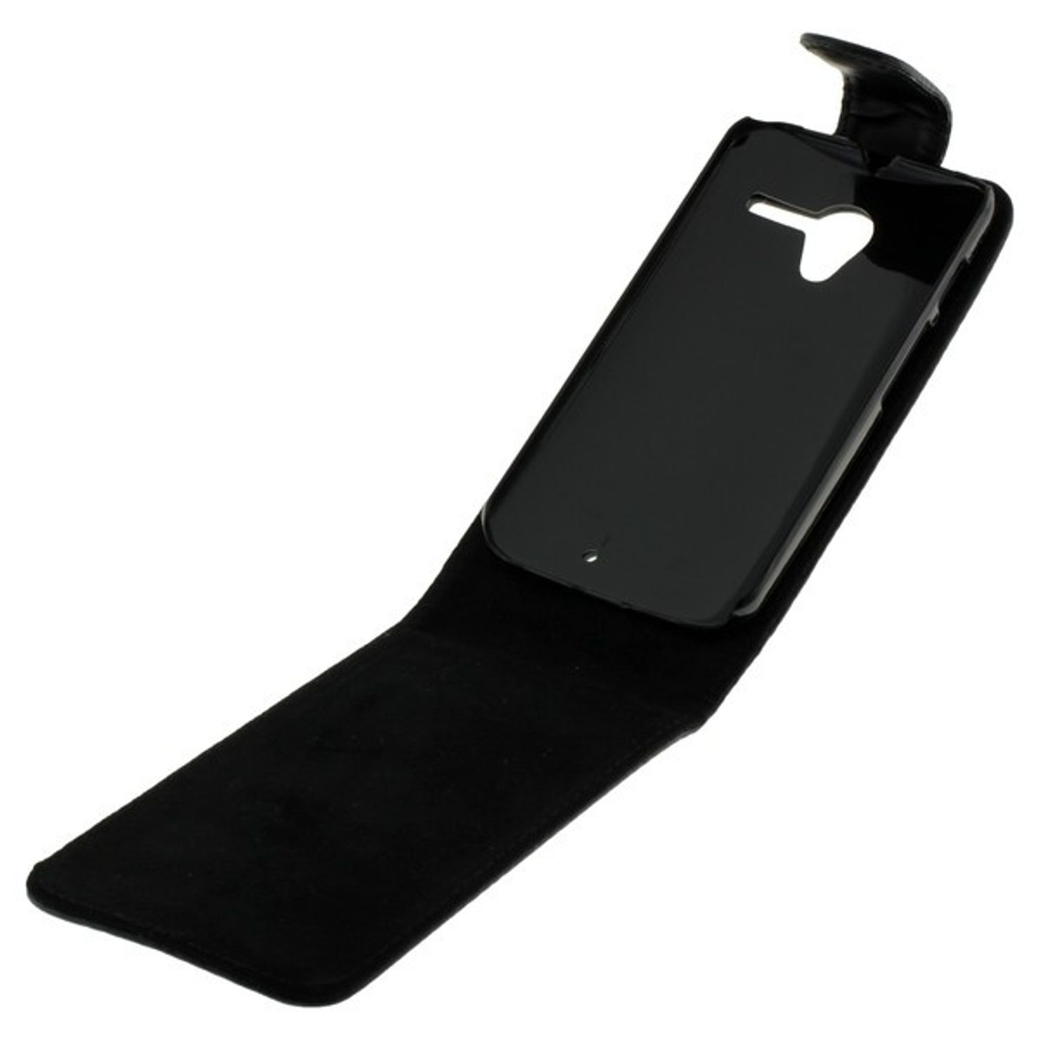 Schwarze Handyhülle, offen, mit einem Telefon darin, vor weißem Hintergrund.