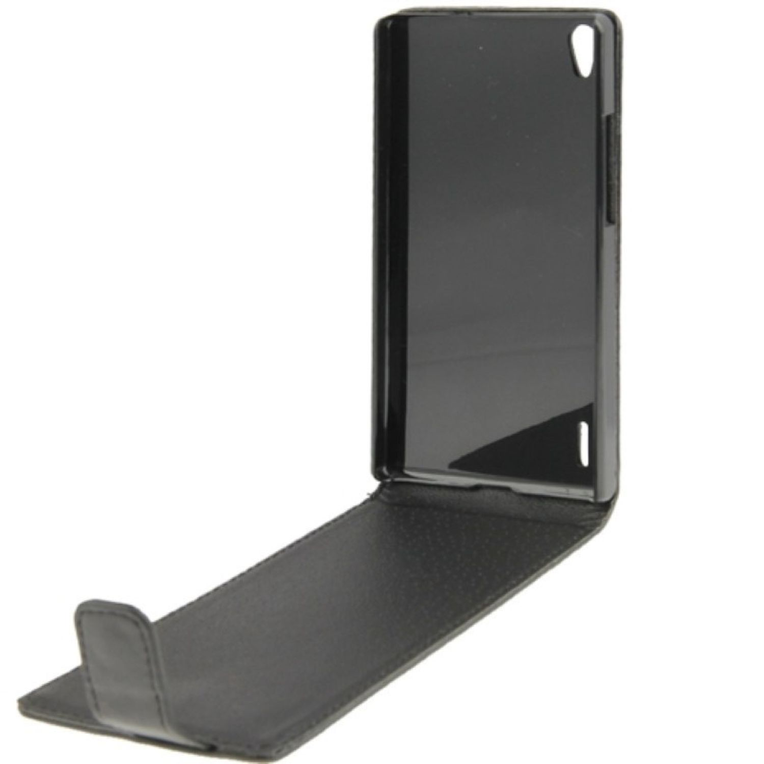 Schwarze lederartige Tablet-Hülle, offen und stehend, zeigt die Innenseite der Hülle.