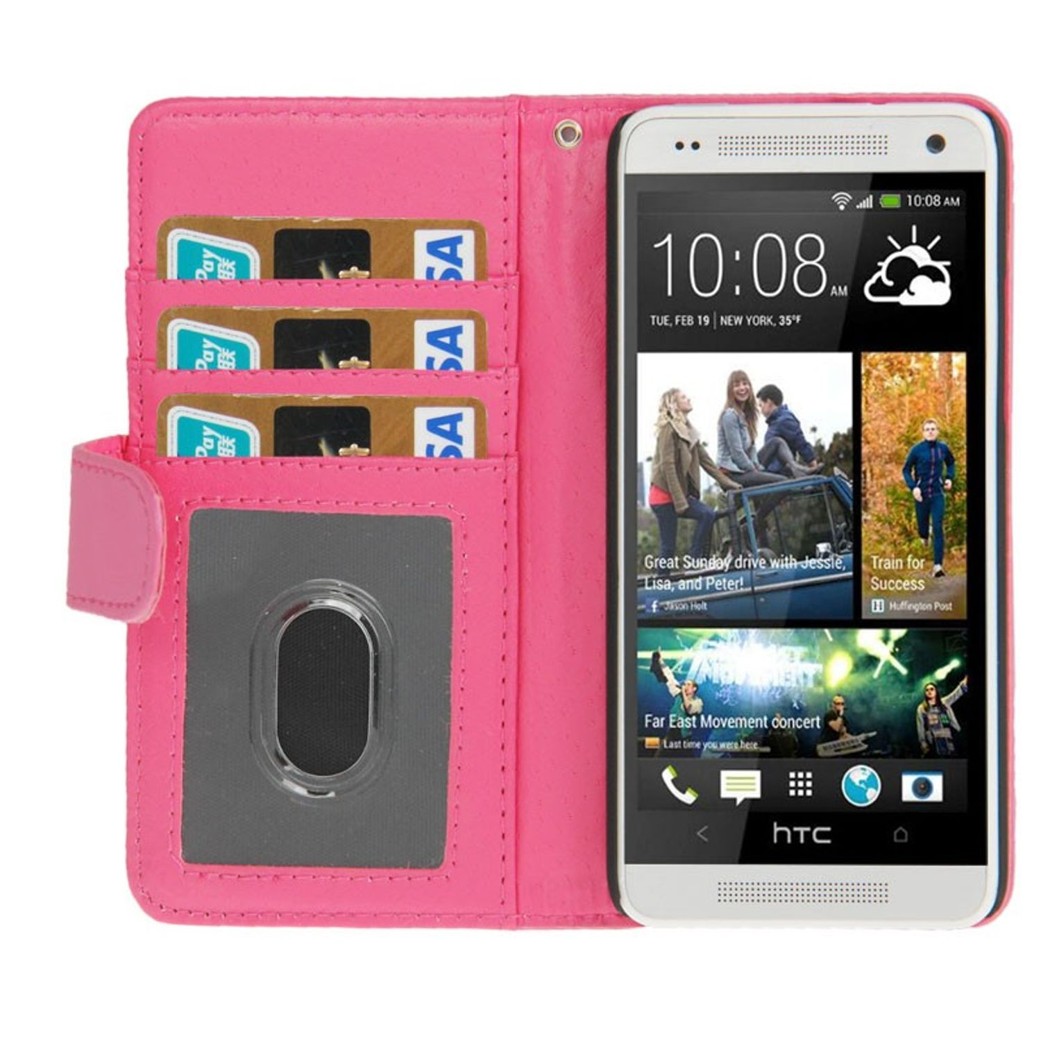 Pinkfarbene Brieftaschenhülle mit Telefon, Karten und Anzeige des Bildschirms.