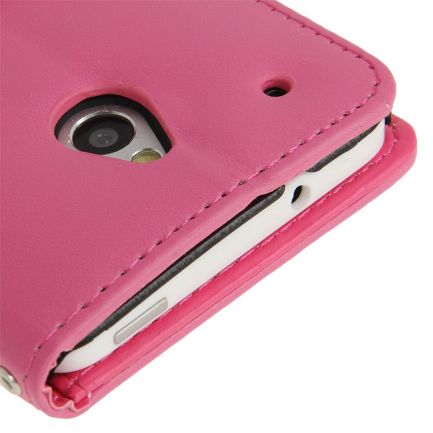 Rosa Handyhülle mit Telefon, Kamera und weißem Rand.