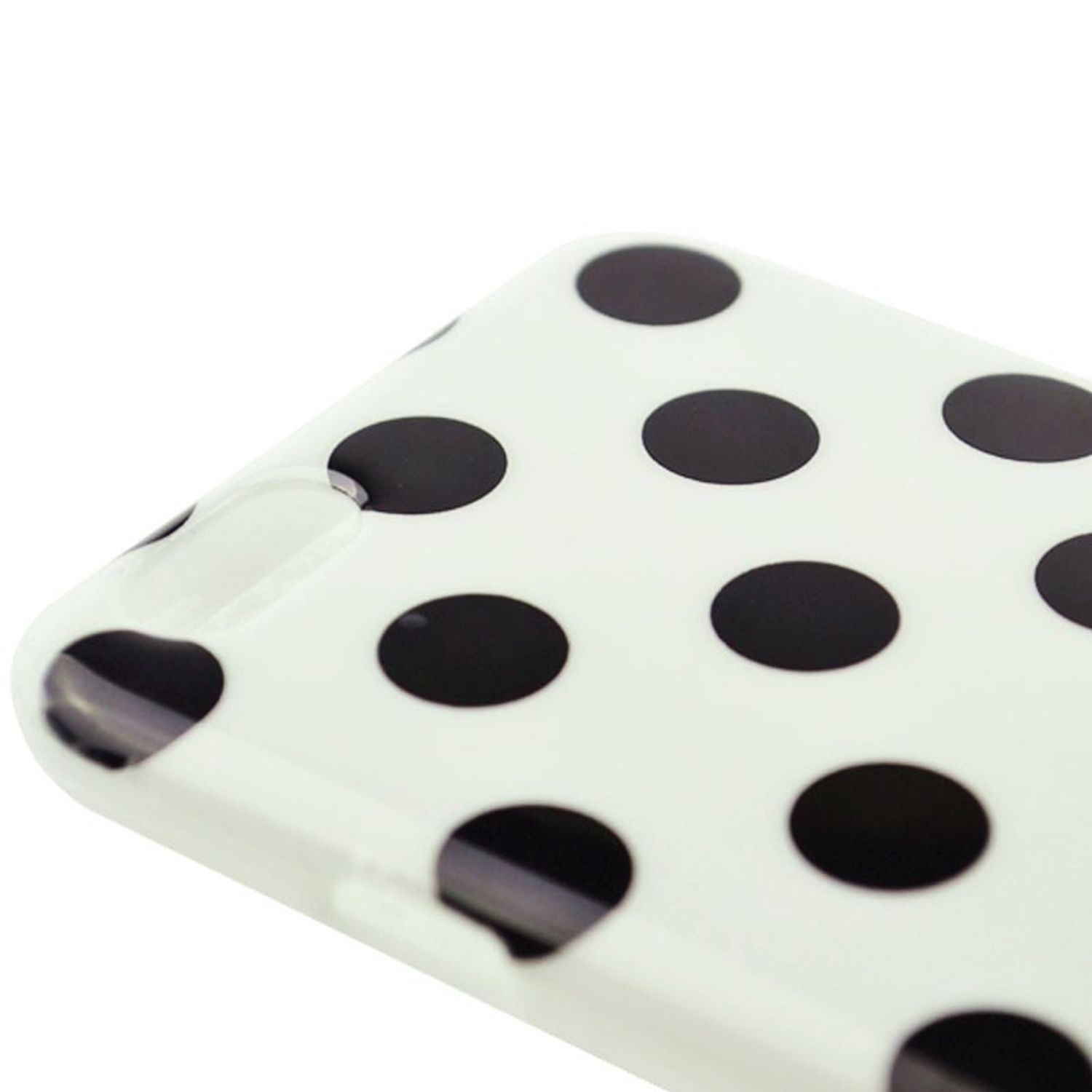 Weißes Handycase mit schwarzen Polka-Dots. Das Case hat eine Öffnung für Kamera und andere Funktionen.