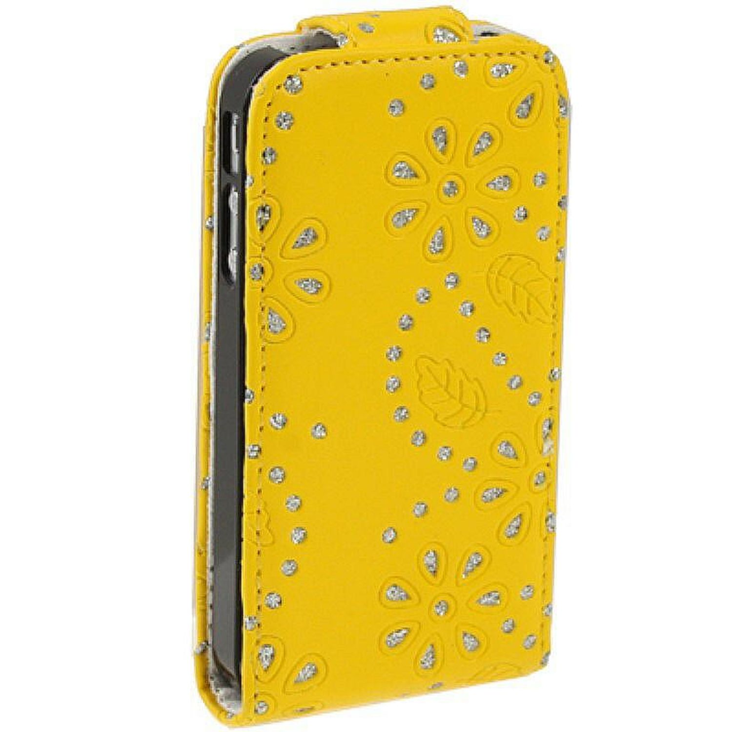 Eine gelbe Handyhülle mit silbernen Blumendesigns, mit einem Telefon darin.