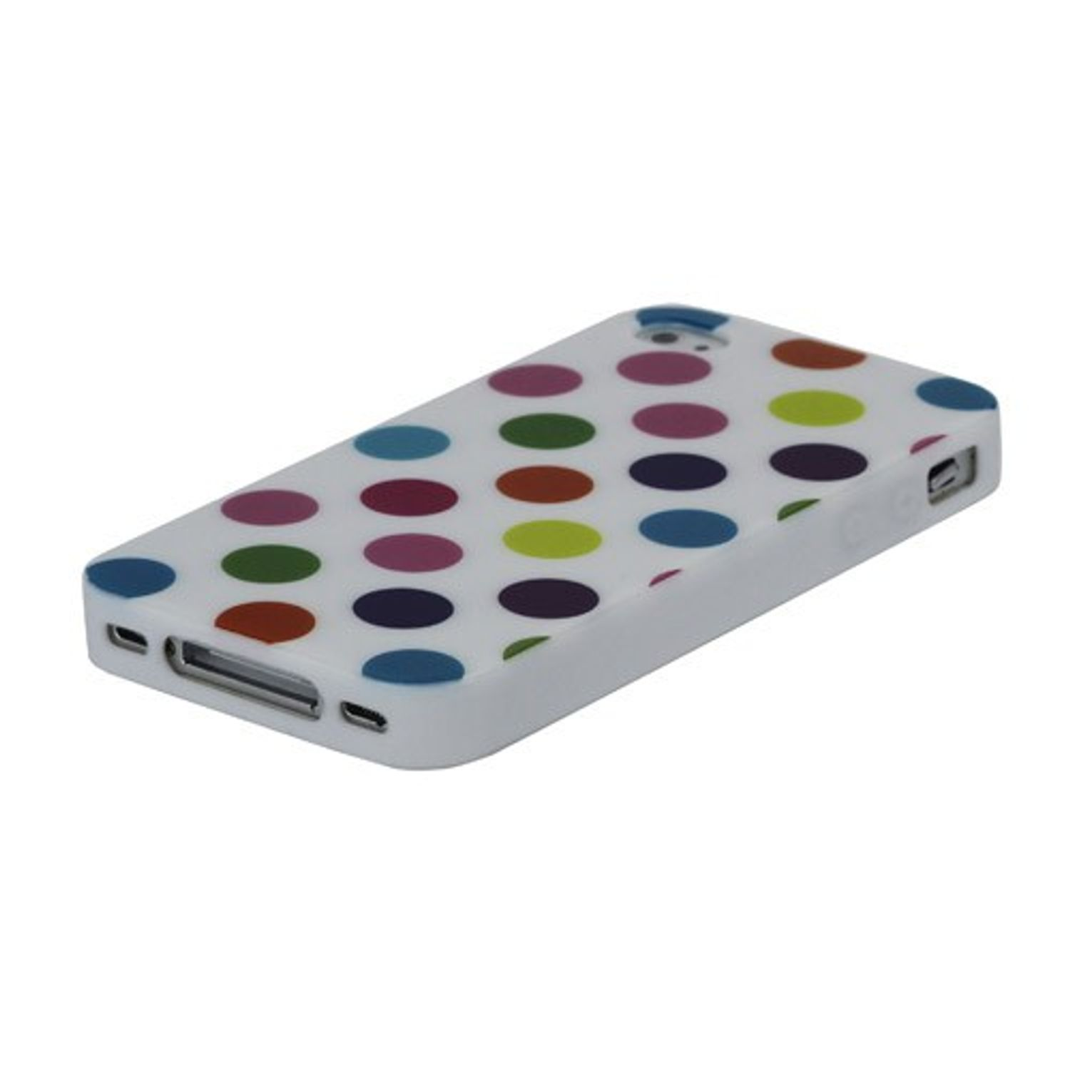 Weiße Handyhülle mit bunten Polka-Dots auf weißem Hintergrund.