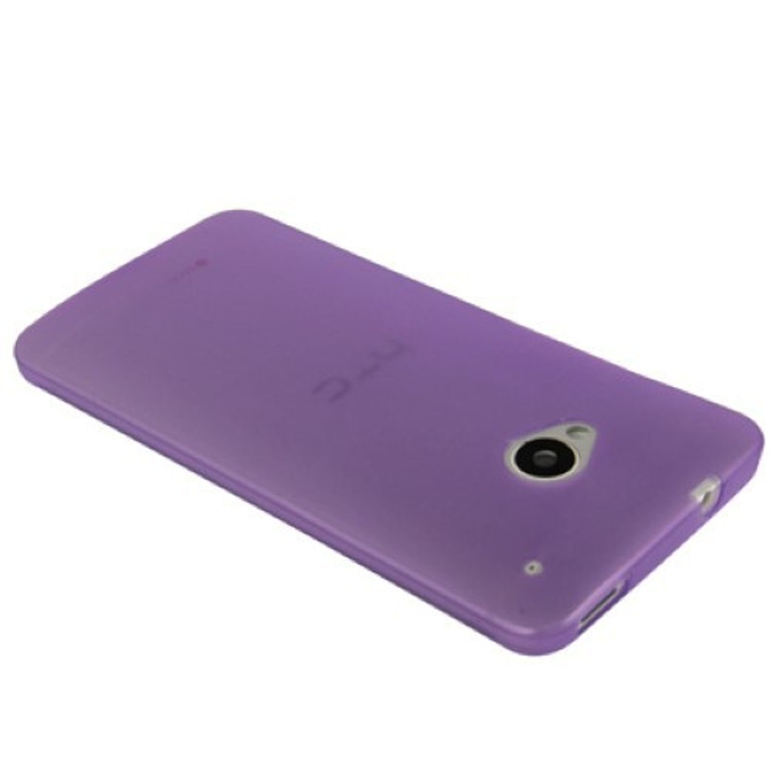 Violette Handyhülle, HTC-Logo, Kameraöffnung. Weißer Hintergrund.