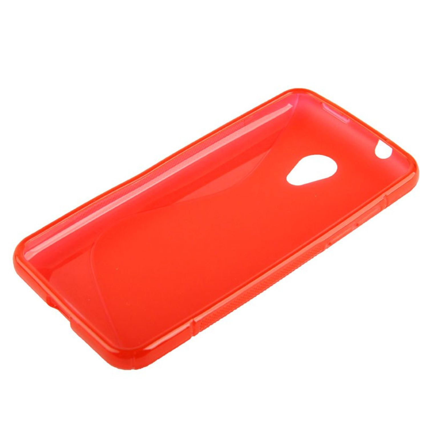 Rotes Handycase. Abgewinkelt, leerer Innenraum.