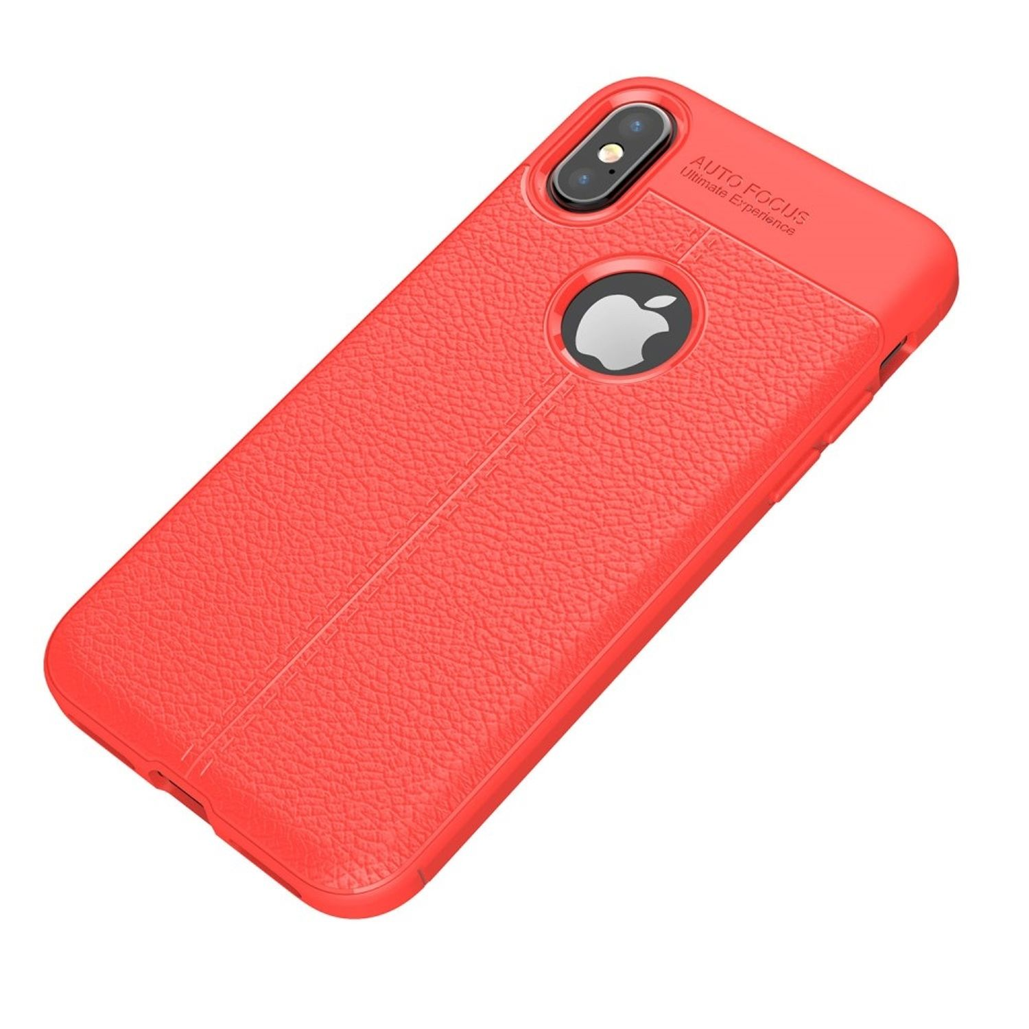 Eine rote Handyhülle mit strukturierter Rückseite und dem Apple-Logo sichtbar.