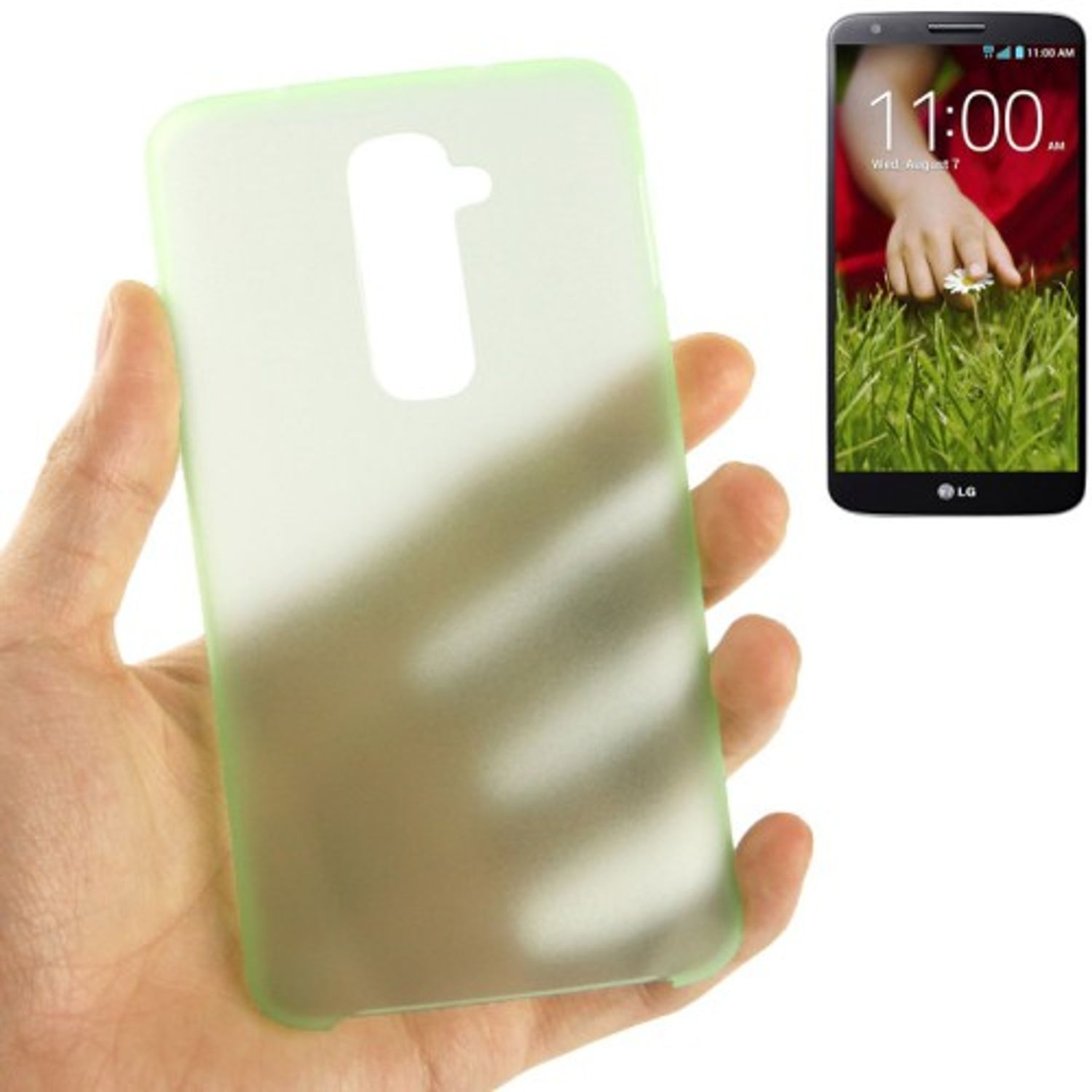 Hand hält grüne Handyhülle neben Handy mit Nahaufnahme einer Hand, die eine Gänseblümchen hält.