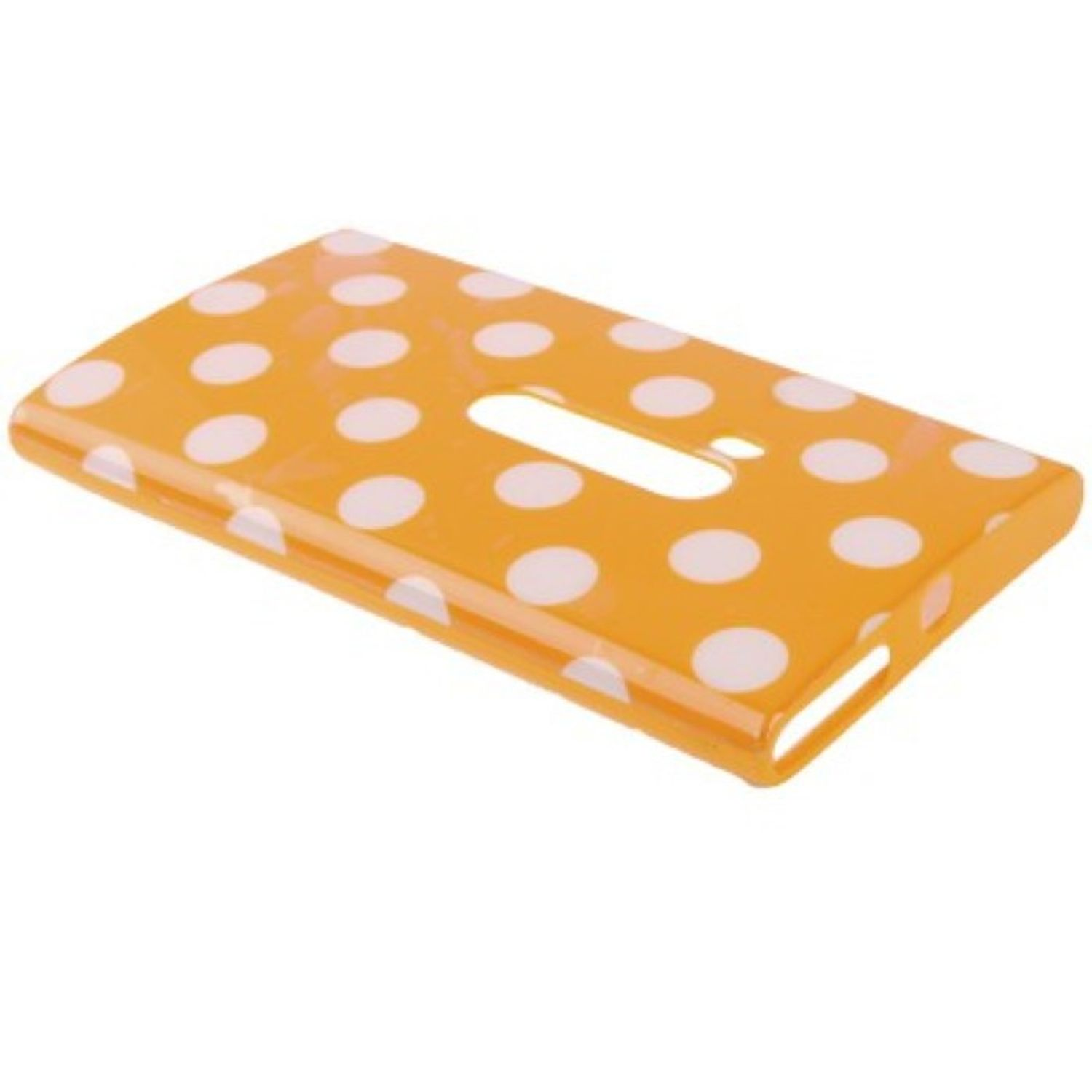 Orangefarbene Handyhülle mit weißen Tupfen. Löcher für Kamera und Knöpfe.