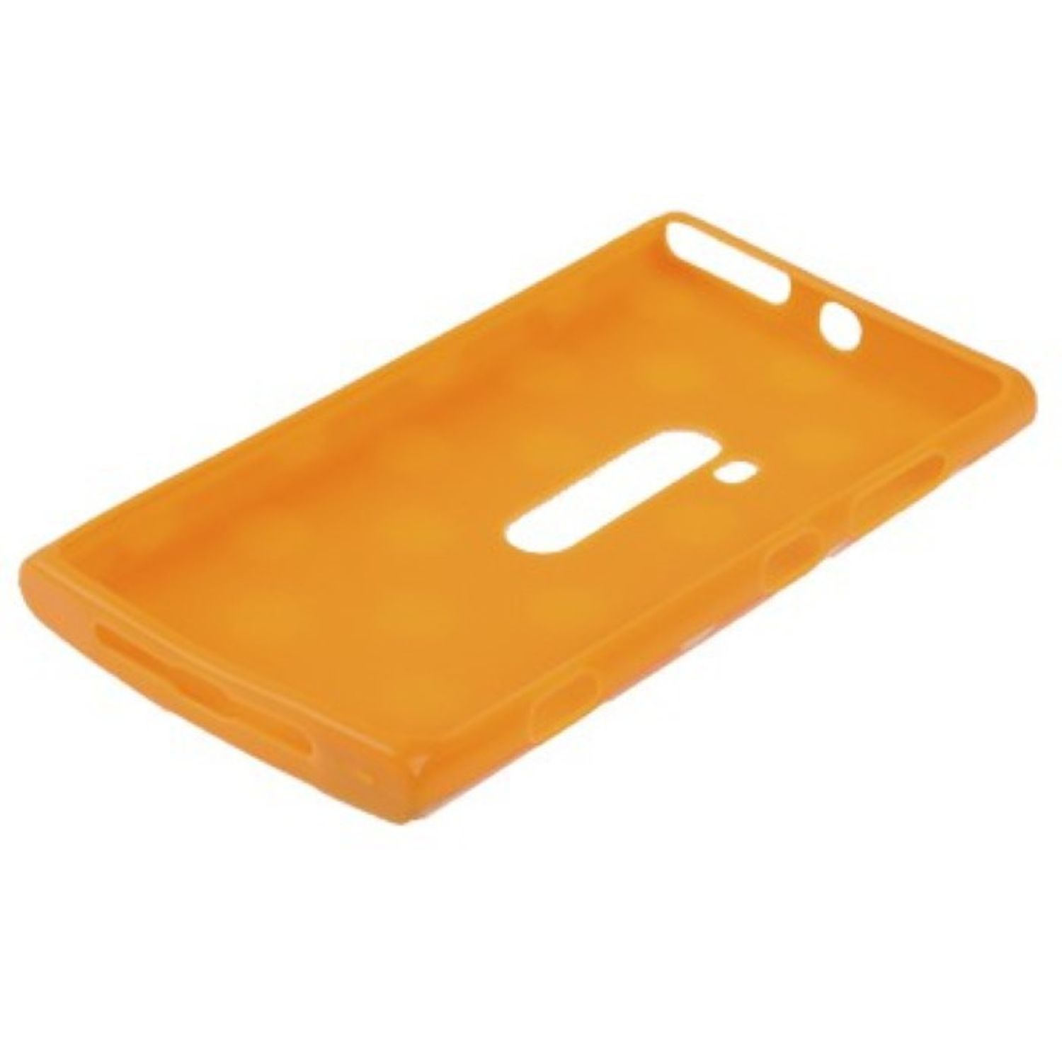 Orangefarbene Handyhülle, rechteckige Form, mit Aussparungen. Weißer Hintergrund.