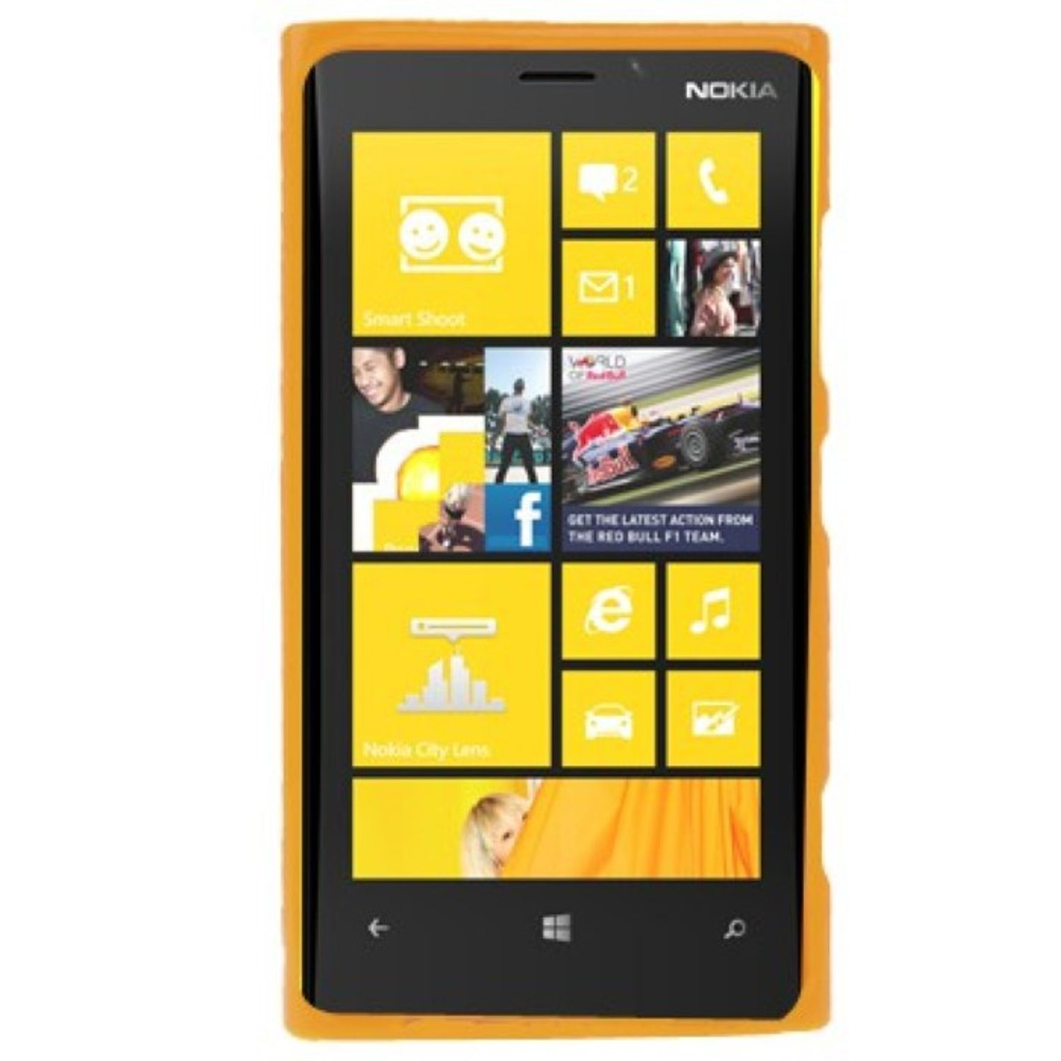 Ein Nokia-Telefon mit gelbem Gehäuse, das eine Kachel-Oberfläche zeigt.