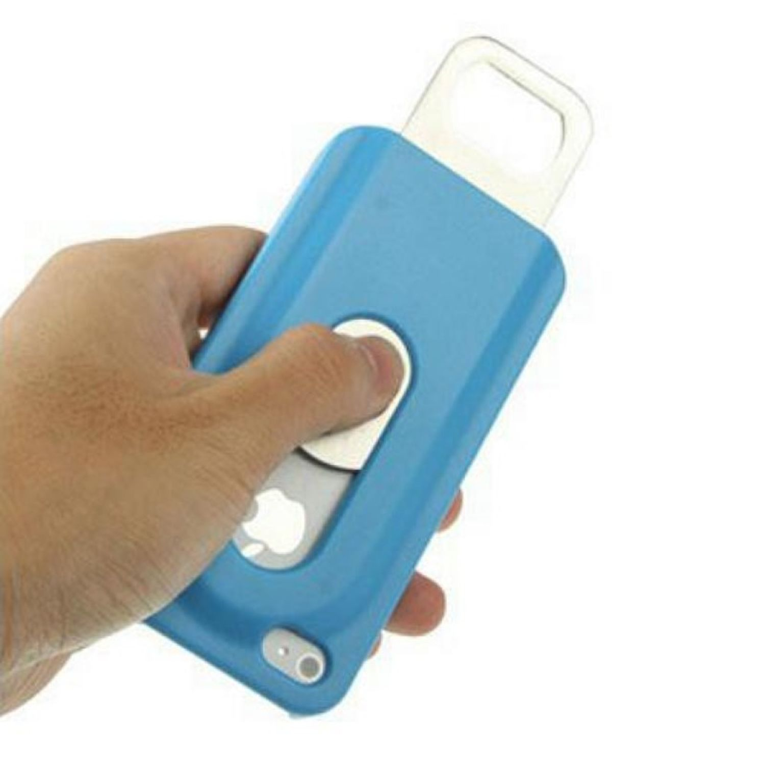 Blaue Handyhülle mit Flaschenöffner-Design. In der Hand gehalten. Das Telefon ist nicht sichtbar.