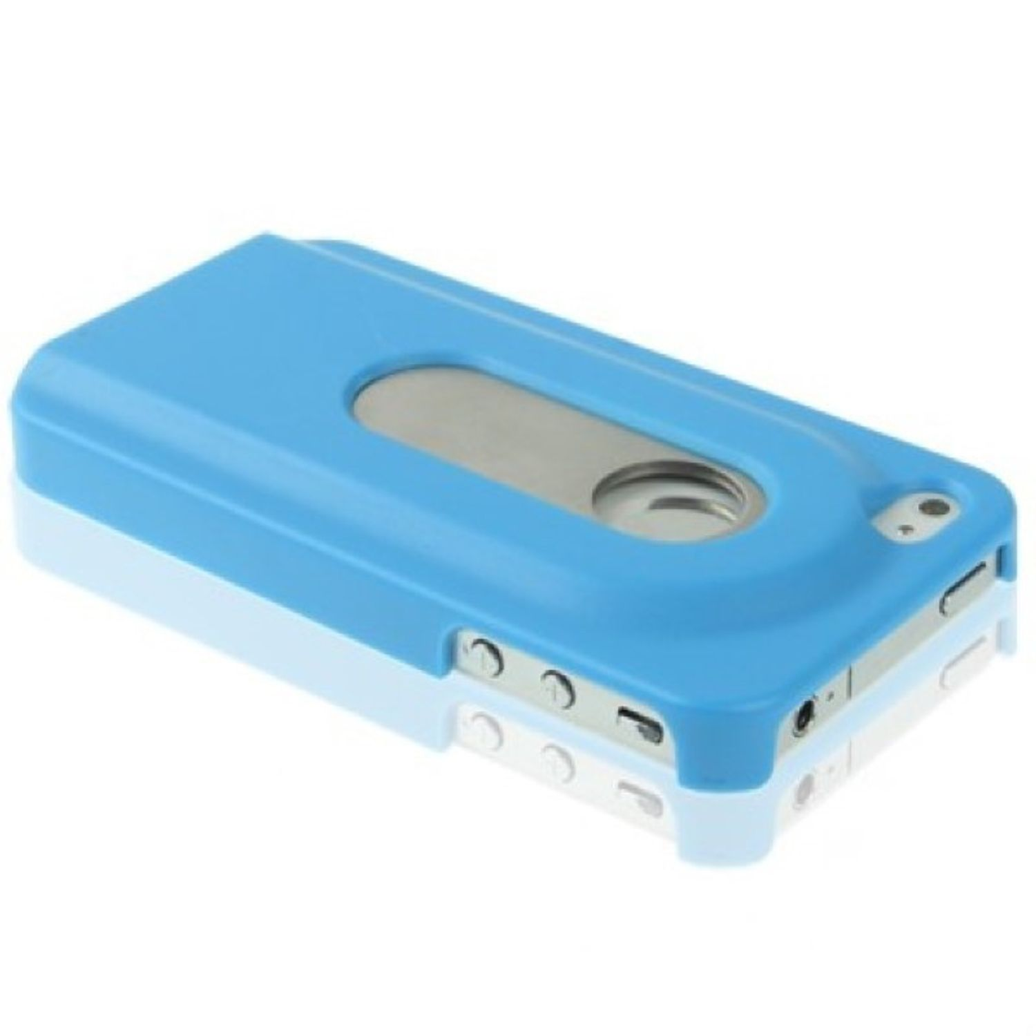Blau-weiße Handyhülle mit Aussparung für Kamera und Knöpfe. Weißer Hintergrund.