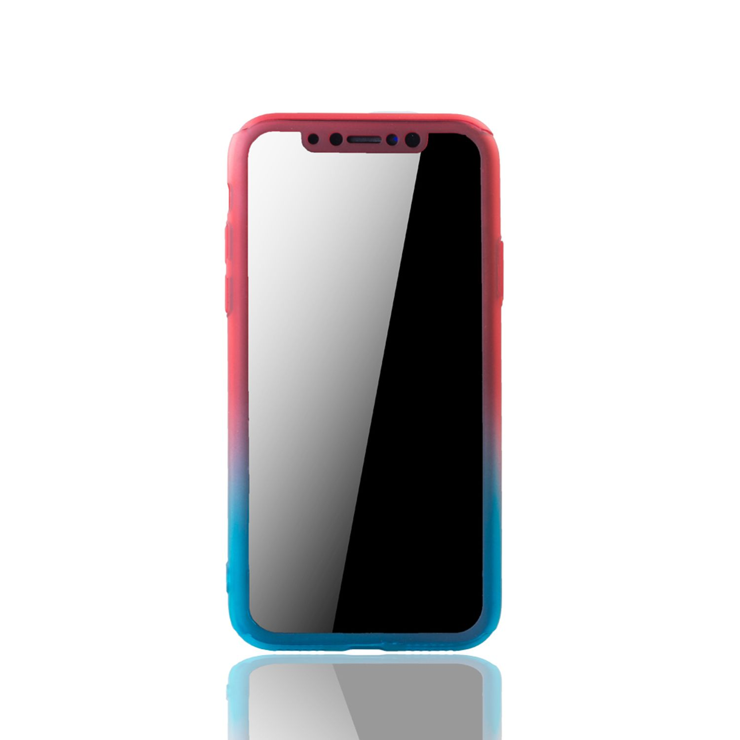 Telefon mit roter und blauer Hülle, Bildschirm sichtbar. Weißer Hintergrund.