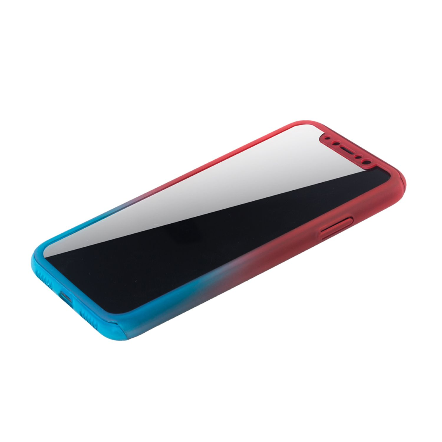 Telefon in Hülle. Hülle rot und blau. Bildschirm ist schwarz.