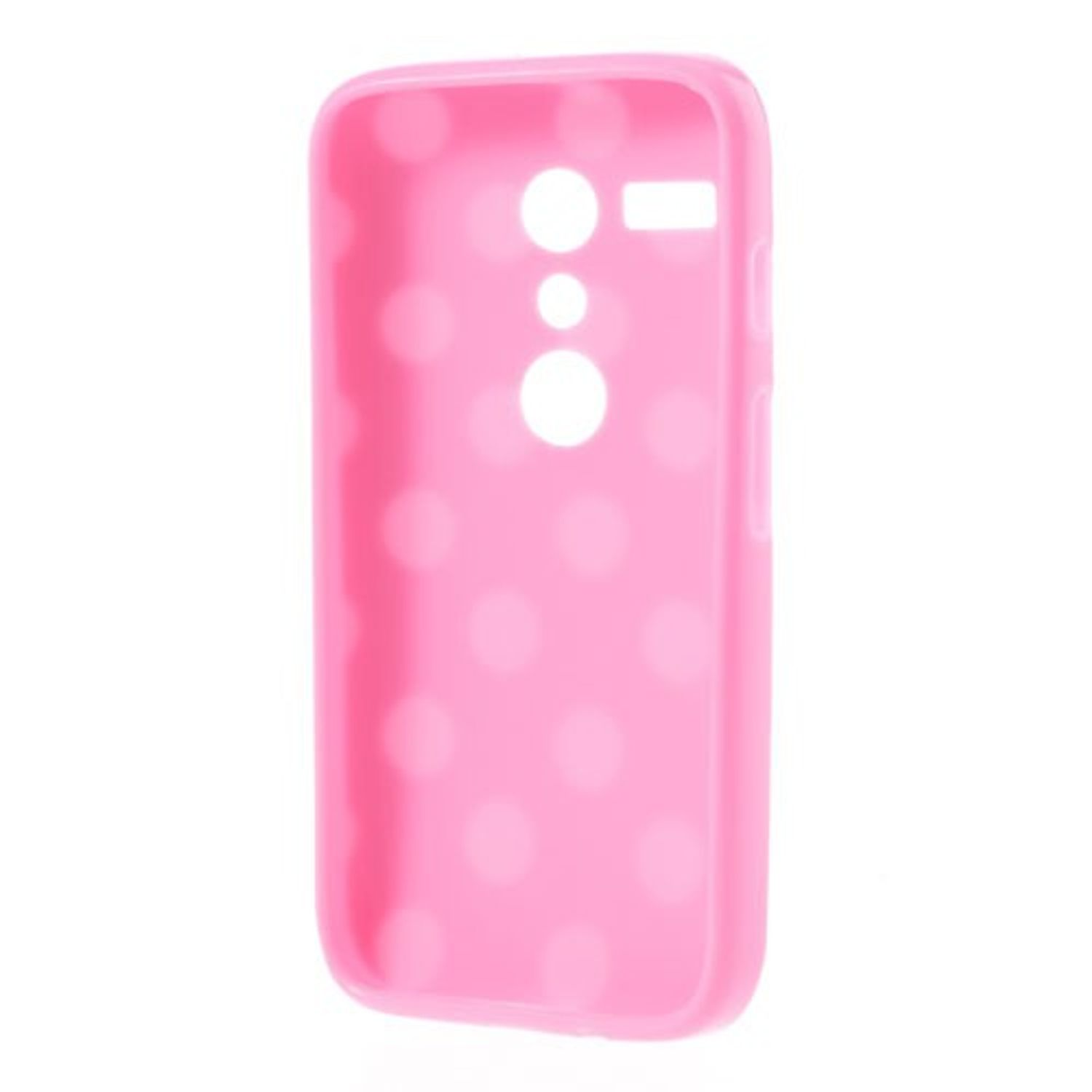 Rosa Handyhülle mit weißen Polka Dots, mit Aussparungen für Kamera und andere Funktionen.