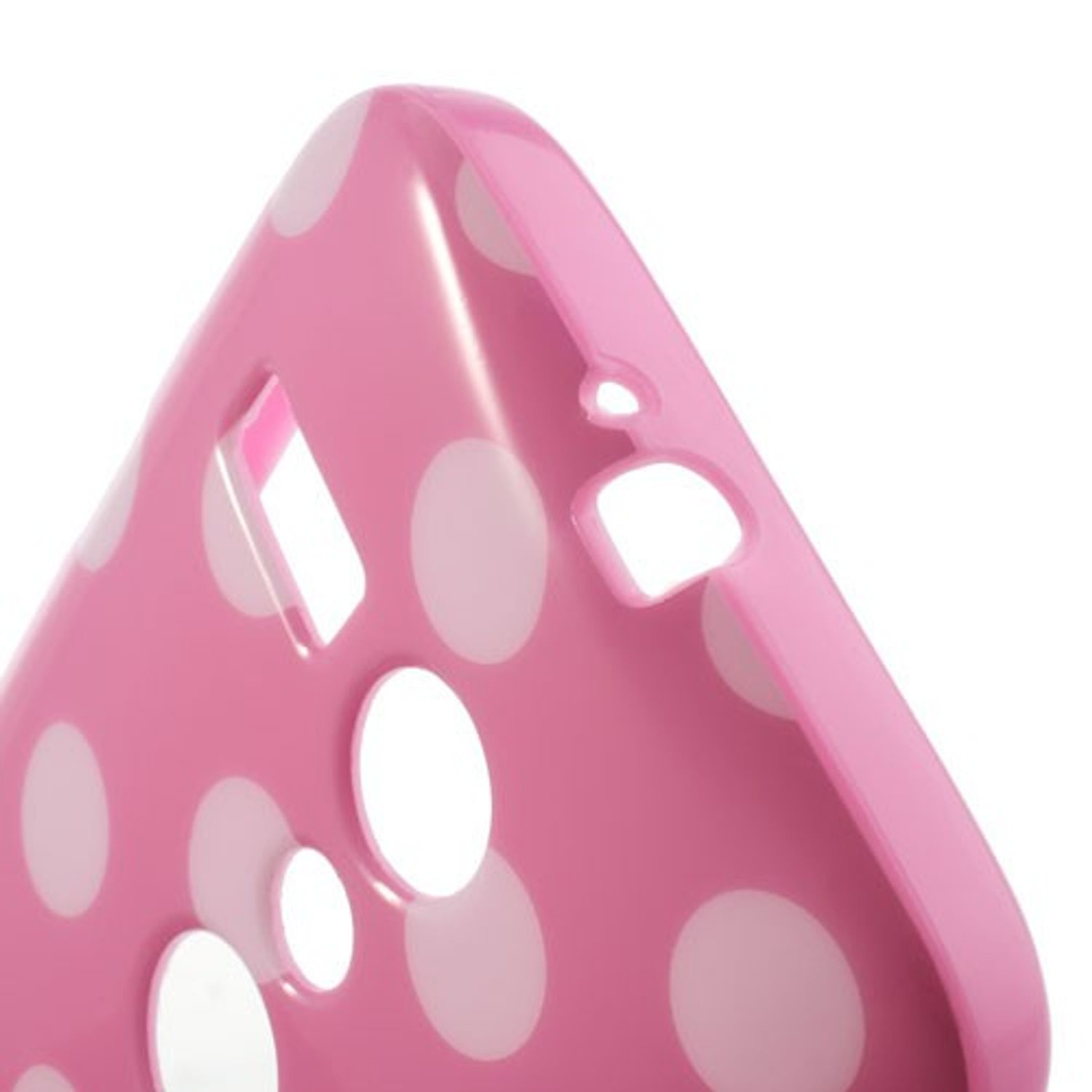 Nahaufnahme einer rosa Handyhülle mit weißen Punkten, Löchern für Kamera und Knöpfe.