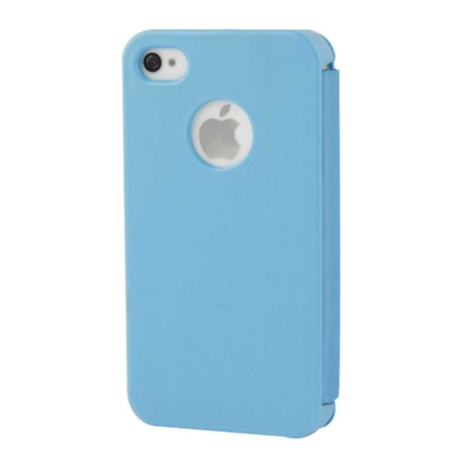Eine hellblaue iPhone-Hülle wird gezeigt. Sie hat einen Ausschnitt für das Apple-Logo und ist geöffnet.