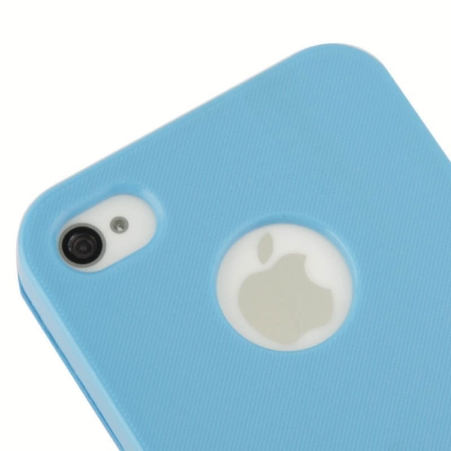 Blaue Handyhülle mit Kamera und Apple-Logo auf der Rückseite.