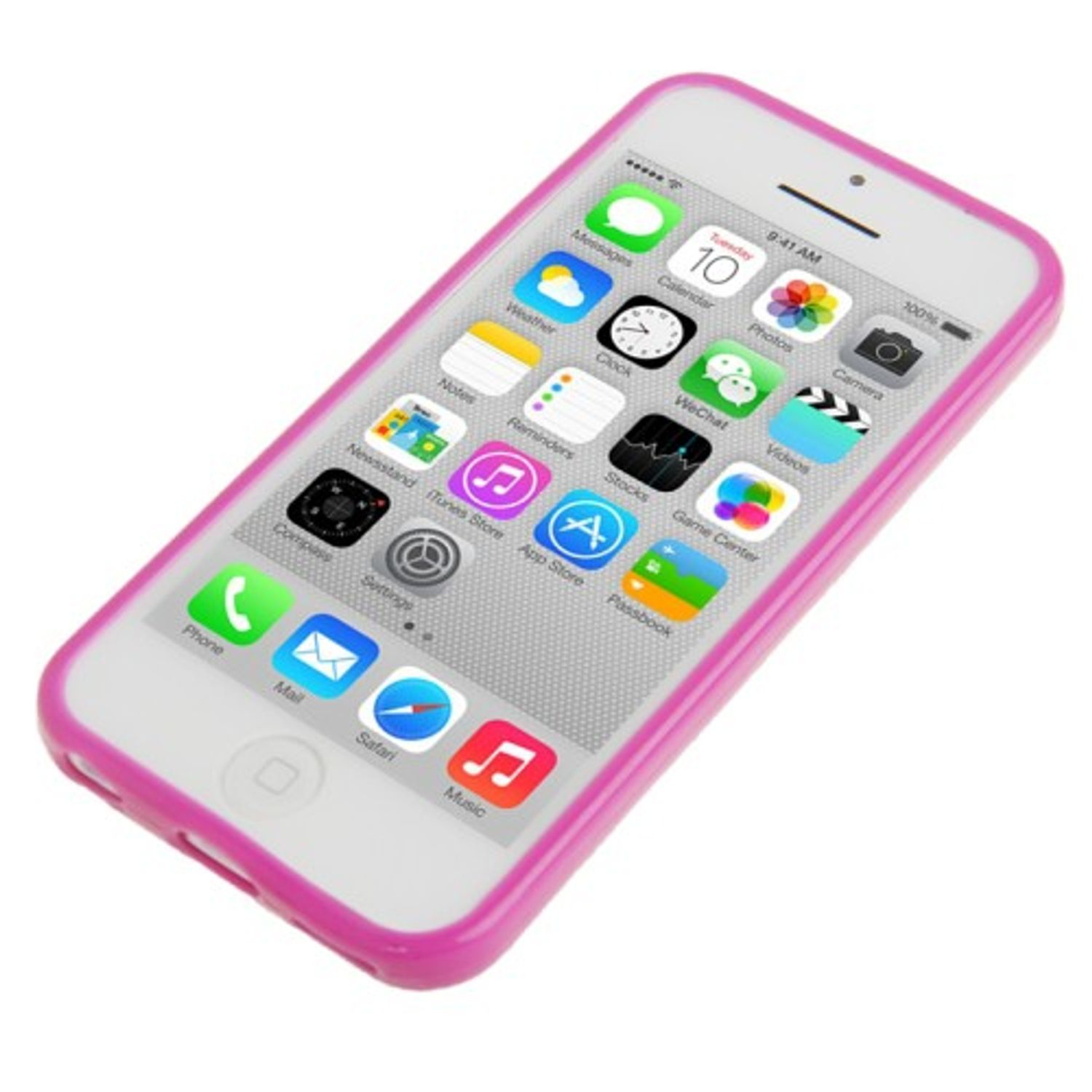 Weißes iPhone mit pinkfarbener Hülle, zeigt App-Symbole auf dem Bildschirm.