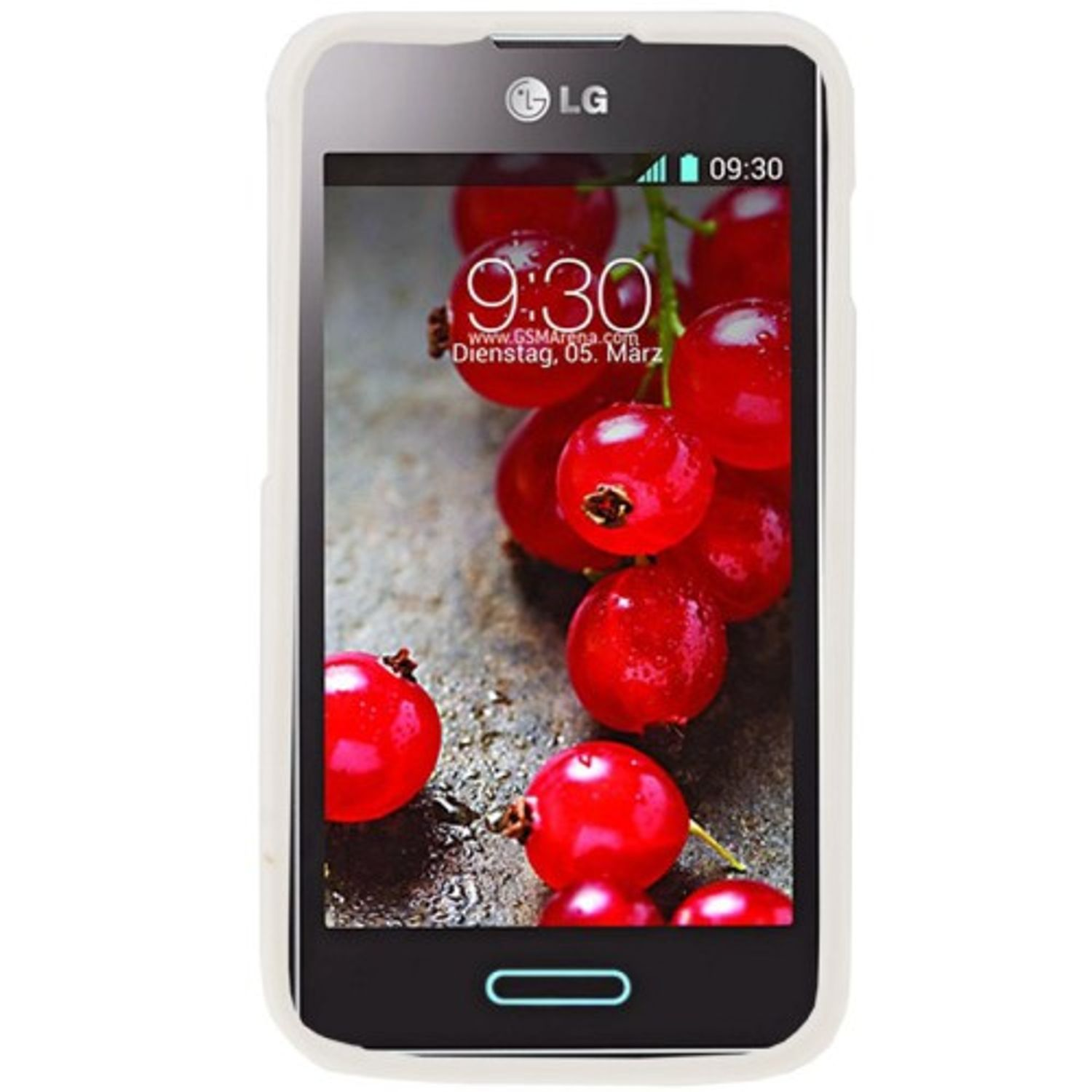 Telefon in einer Hülle mit roter Beerenanzeige. Die Hülle ist weiß und schwarz.