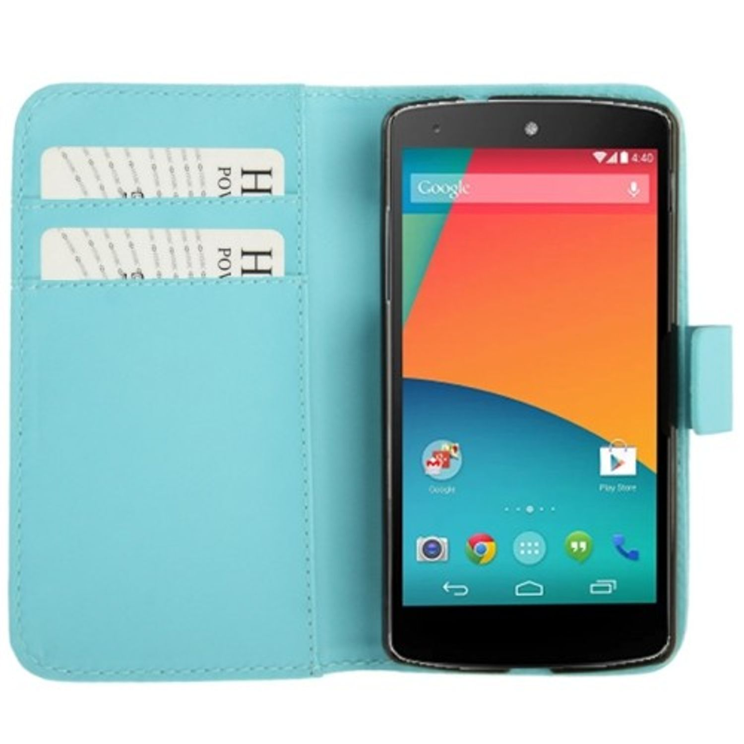 Blaues Handycase offen, Telefon sichtbar. Karten in Schlitzen.