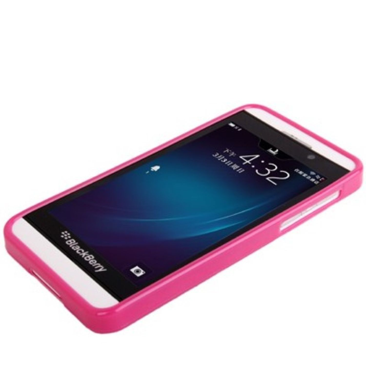 Pinke Handyhülle auf weißem Telefon. Der Bildschirm zeigt eine Uhr. Der Hintergrund ist weiß.