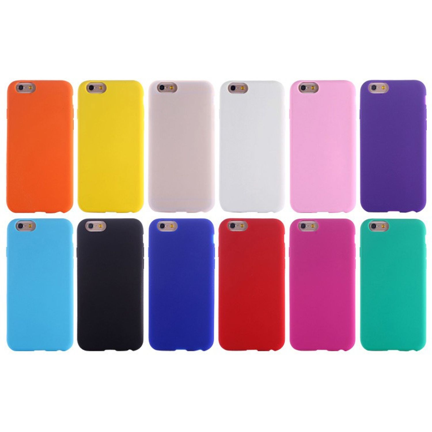 Zwölf bunte Handyhüllen in Reihen angeordnet. Farben: Orange, Gelb, Weiß, Rosa, Lila usw. Weißer Hintergrund.