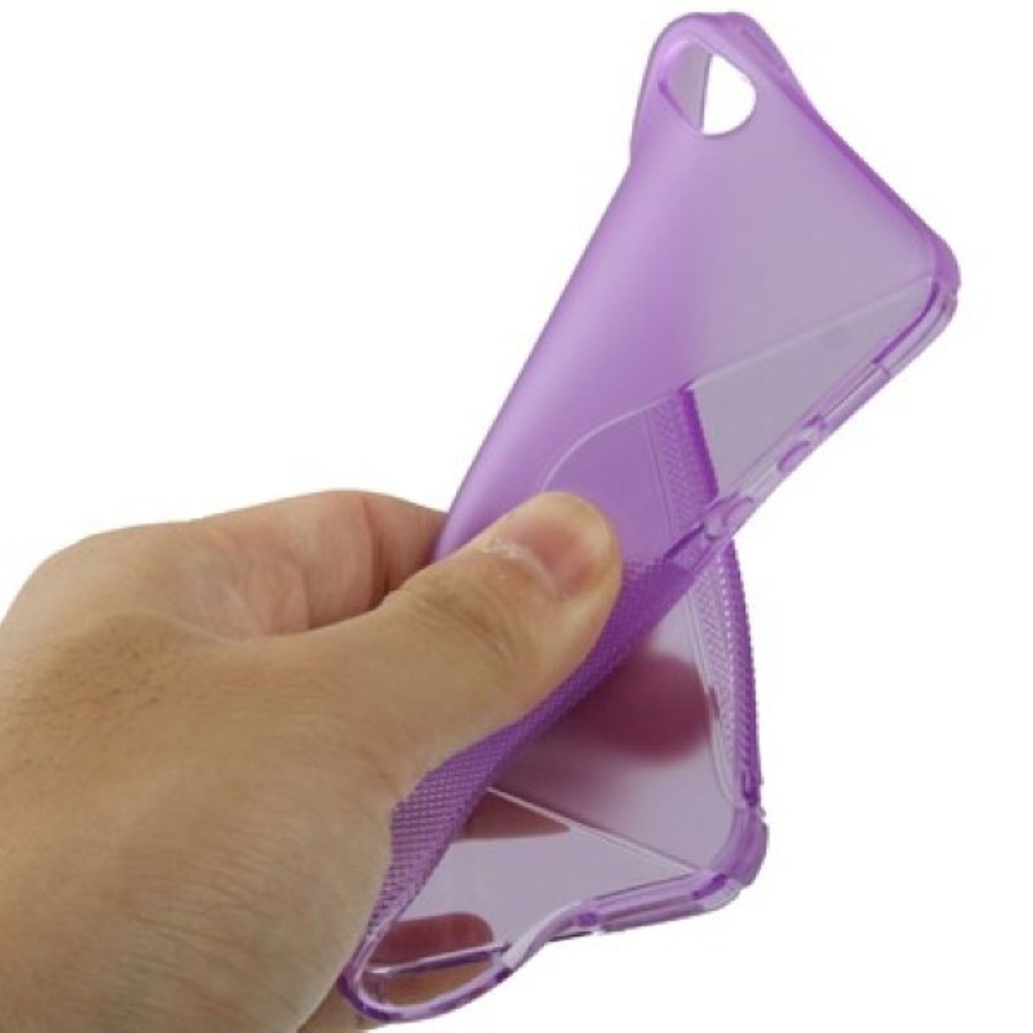 Hand hält eine transparente lila Handyhülle und zeigt ihre innere Struktur.