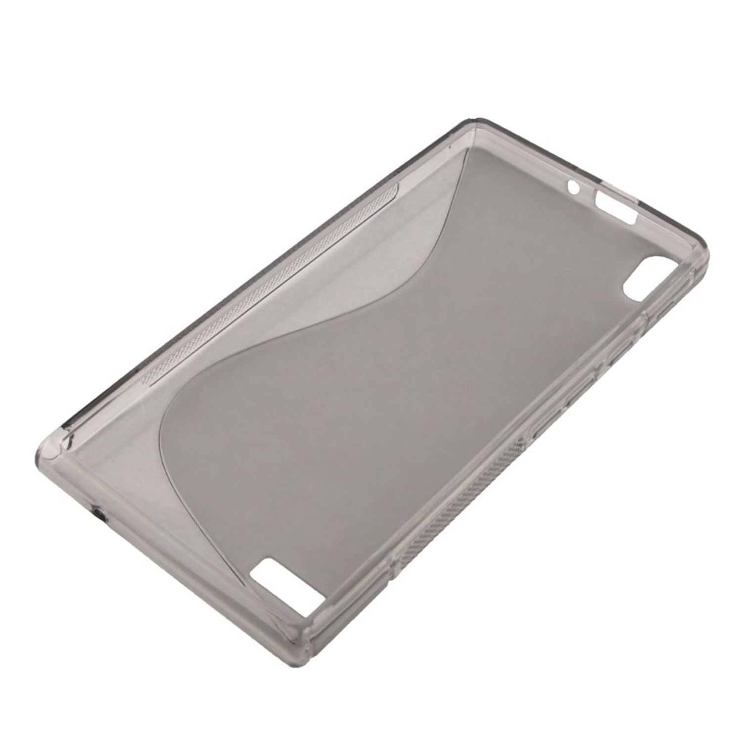 Eine transparente Handyhülle mit einem wellenförmigen grauen Design im Inneren, mit transparentem Rahmen.
