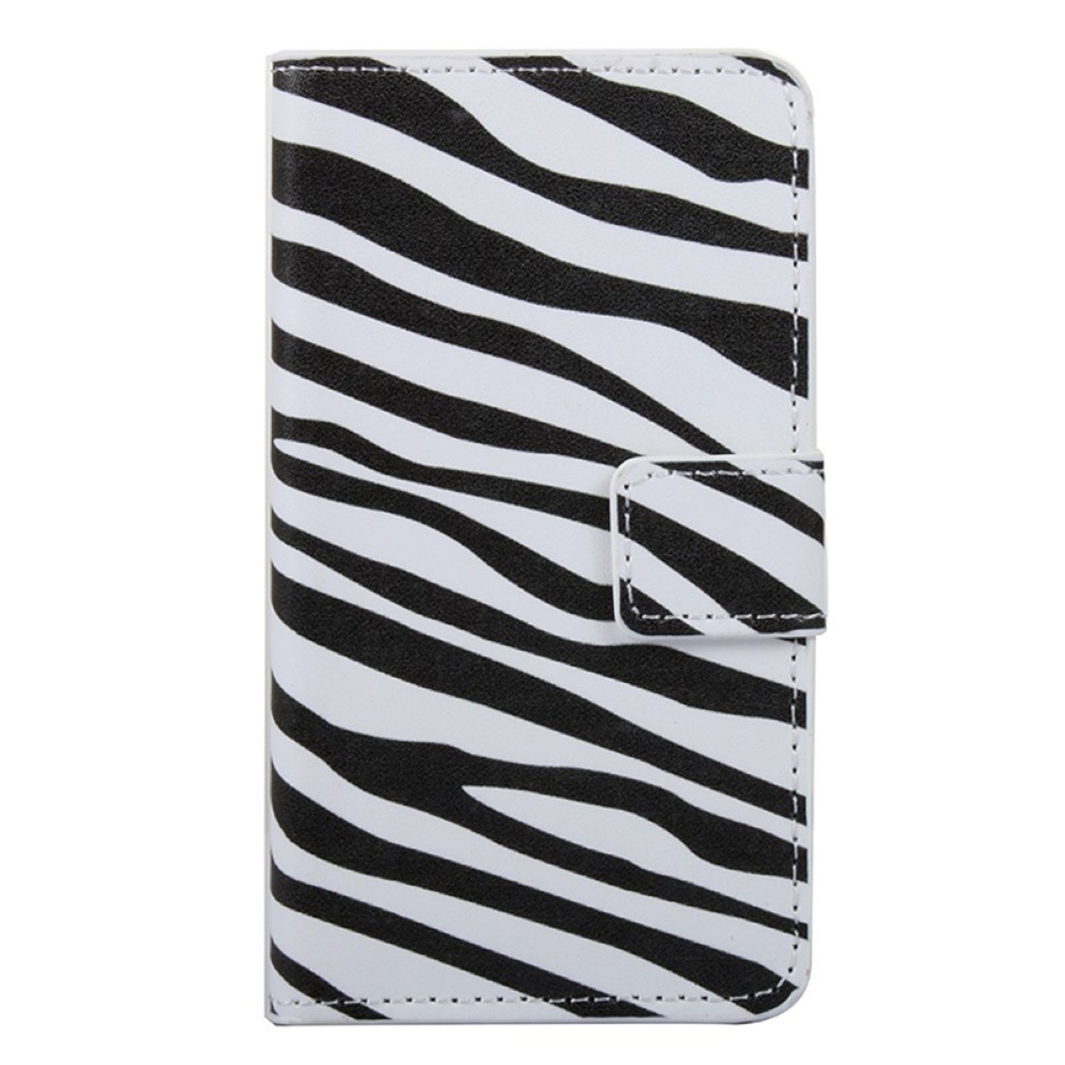 Weißes Handycase mit schwarzen Zebrastreifen, mit Knopfverschluss geschlossen.