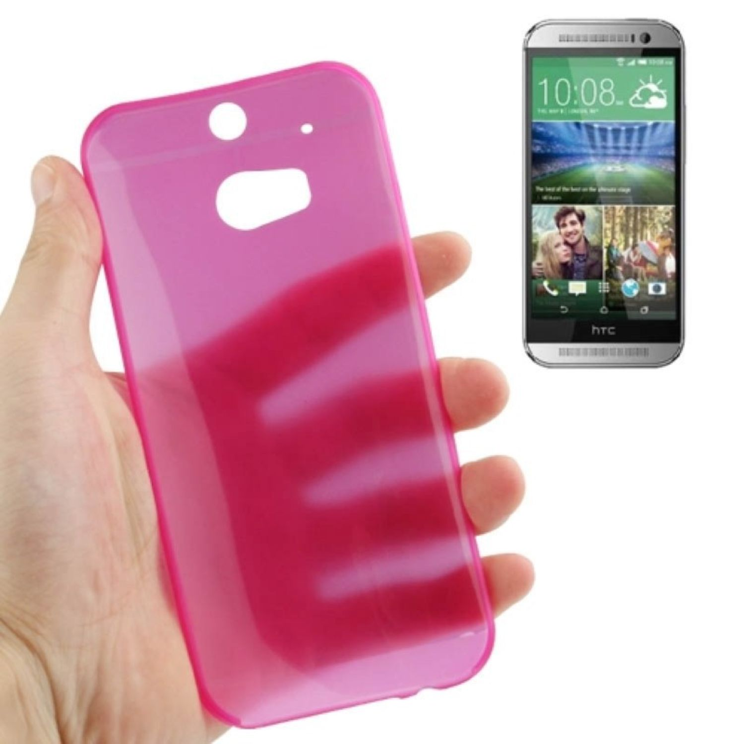 Rosa Handyhülle in einer Hand gehalten, rechts ein Smartphone.
