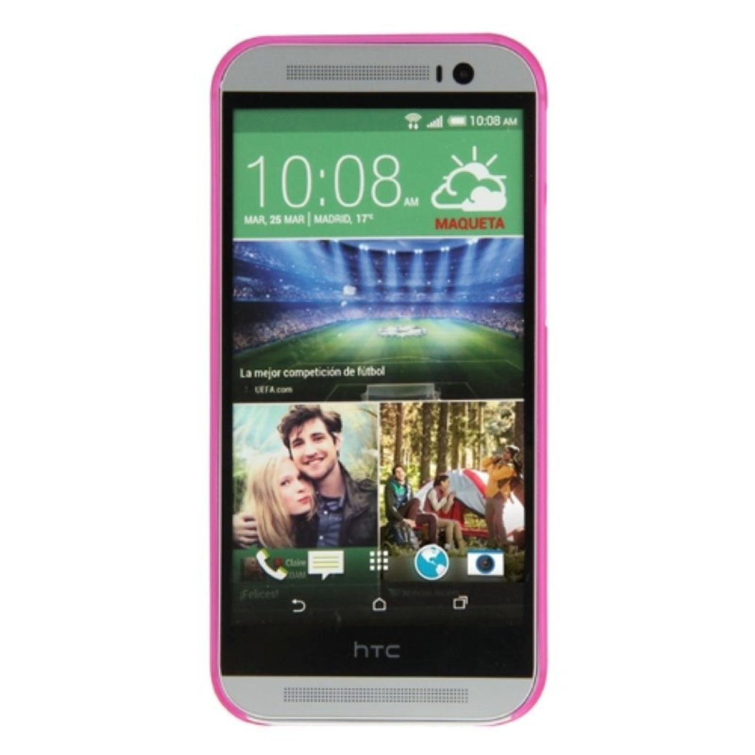 Ein Smartphone mit pinkfarbener Hülle, das Uhrzeit, Datum und eine Sportszene auf dem Bildschirm anzeigt.