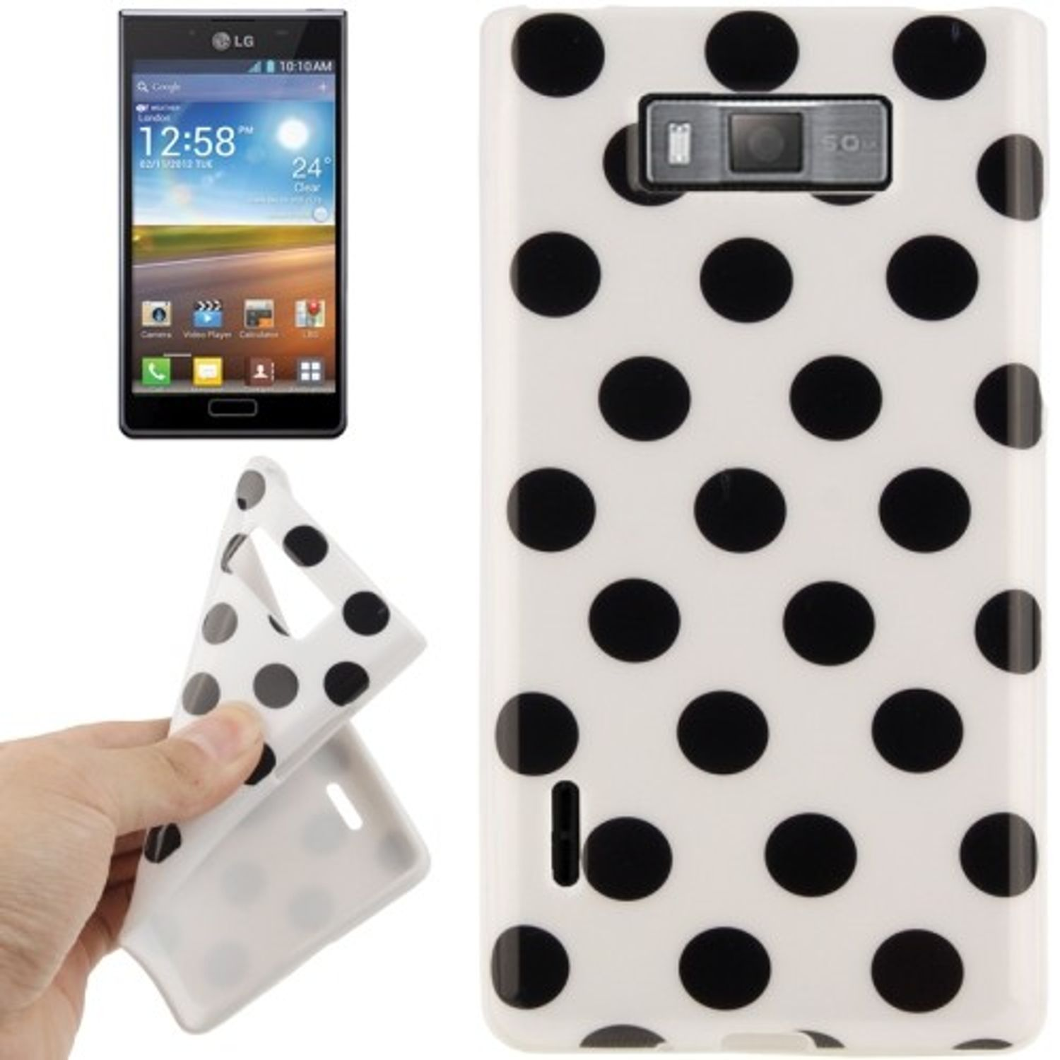 Weiße Handyhülle mit schwarzen Tupfen. Eine Hand hält eine Hülle und ein Telefon.