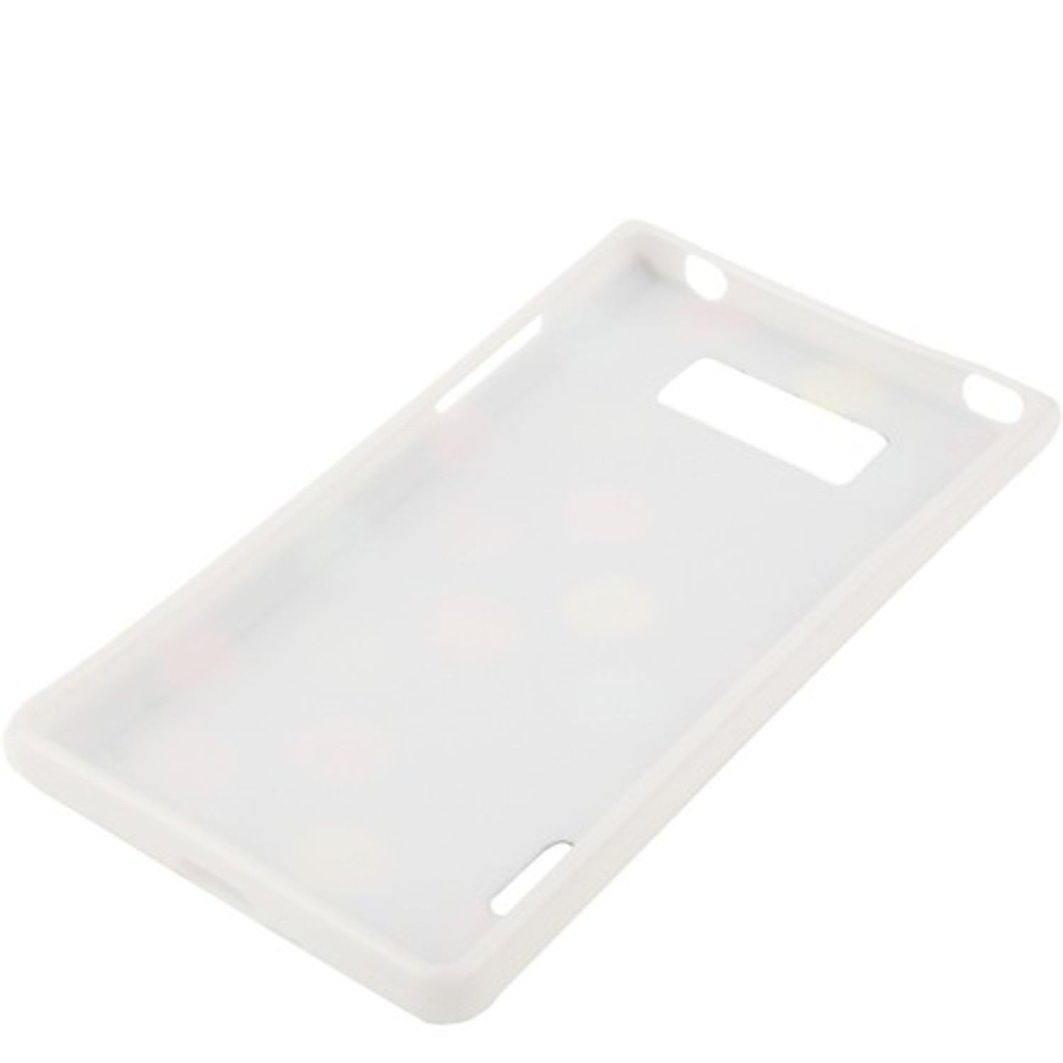 Eine transparente Handyhülle mit weißem Innenraum und bunten Polka Dots.