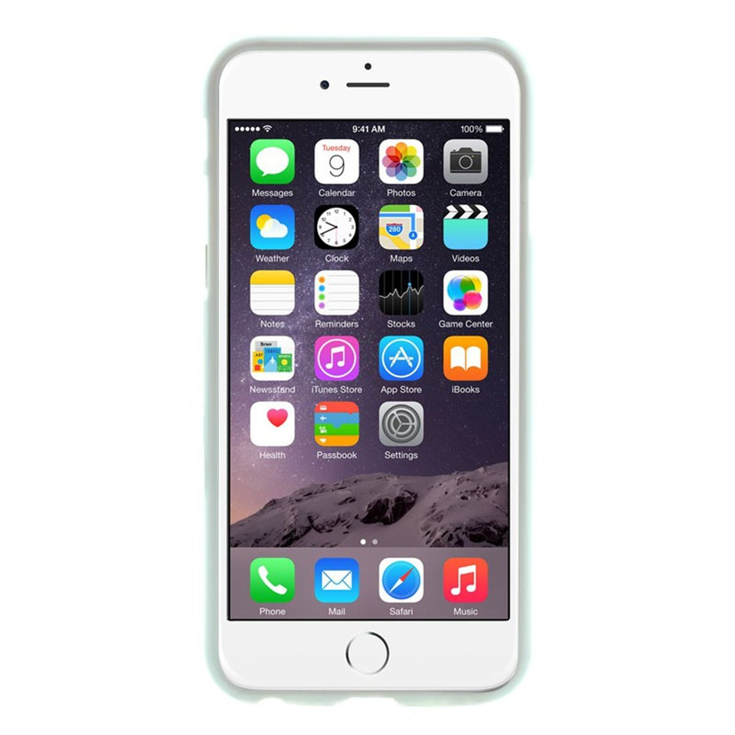 Ein weißes iPhone, das App-Symbole anzeigt. Das Telefon befindet sich vor einem weißen Hintergrund.
