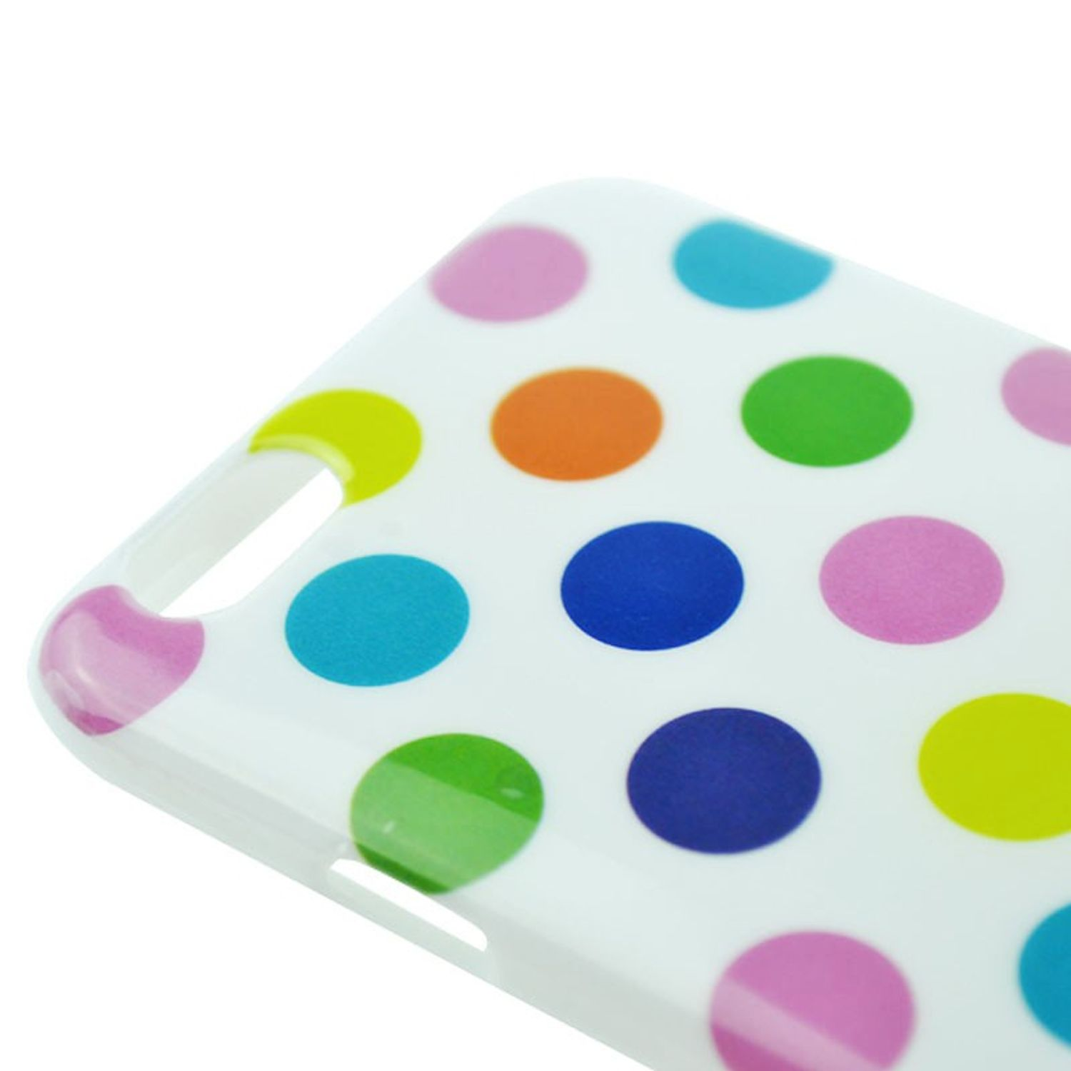 Weiße Handyhülle mit bunten Polka Dots. Winkelansicht. Isoliert auf weißem Hintergrund.