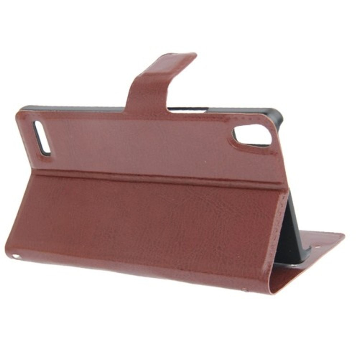 Braune Leder-Handyhülle, offen, mit Telefon. Weißer Hintergrund.