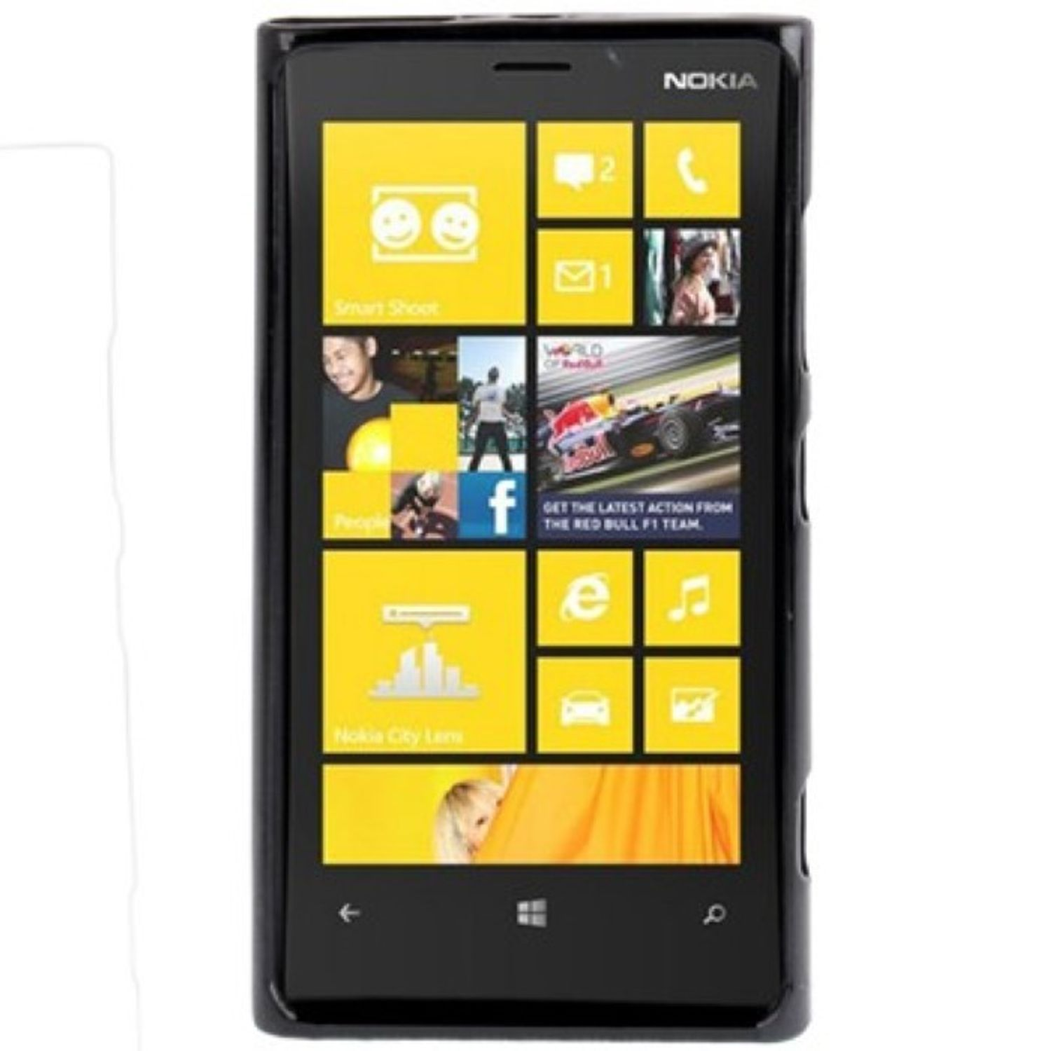 Schwarzes Nokia-Telefon mit farbigen Kacheln auf dem Bildschirm. Das Telefon ist in einem Gehäuse.