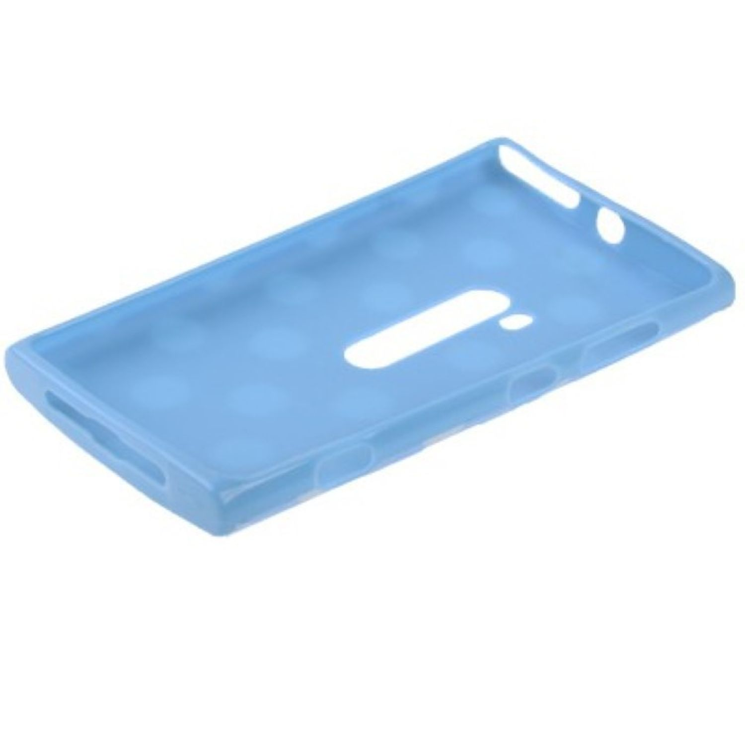 Hellblaue Handyhülle mit gepunktetem Design. Weißer Hintergrund.
