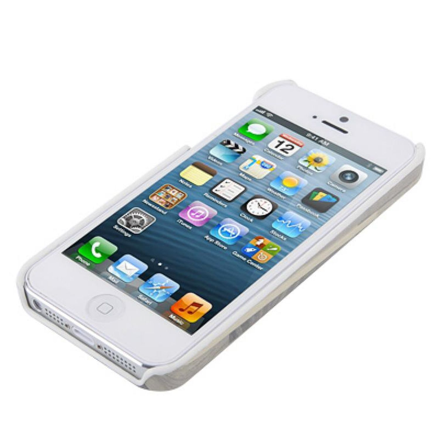 Weißes iPhone mit Hülle. Zeigt App-Symbole. Isoliert auf Weiß. Leichte Winkelansicht.