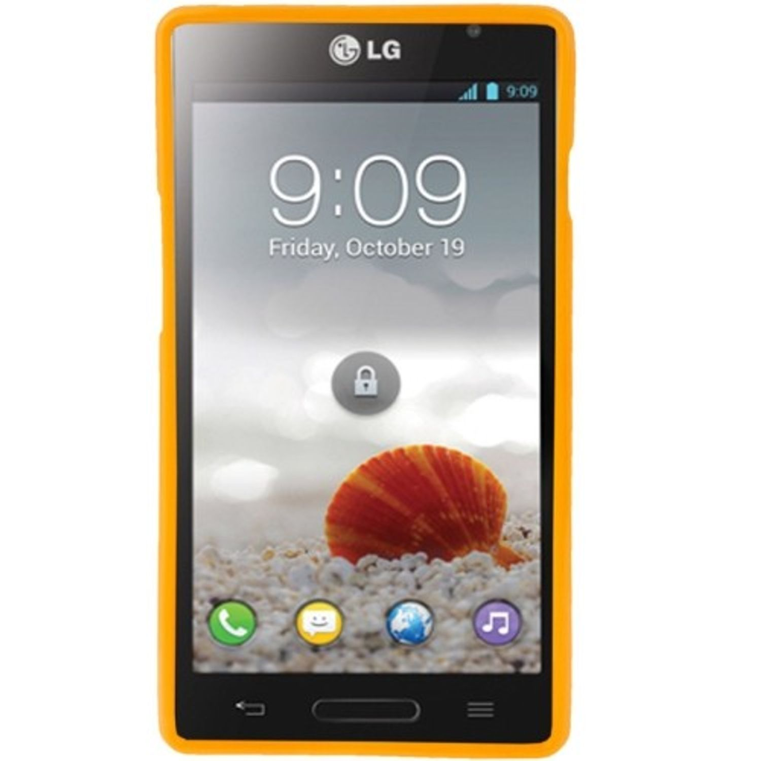 Ein Telefon mit orangefarbener Hülle, das einen Sperrbildschirm mit Uhrzeit und Datum anzeigt.