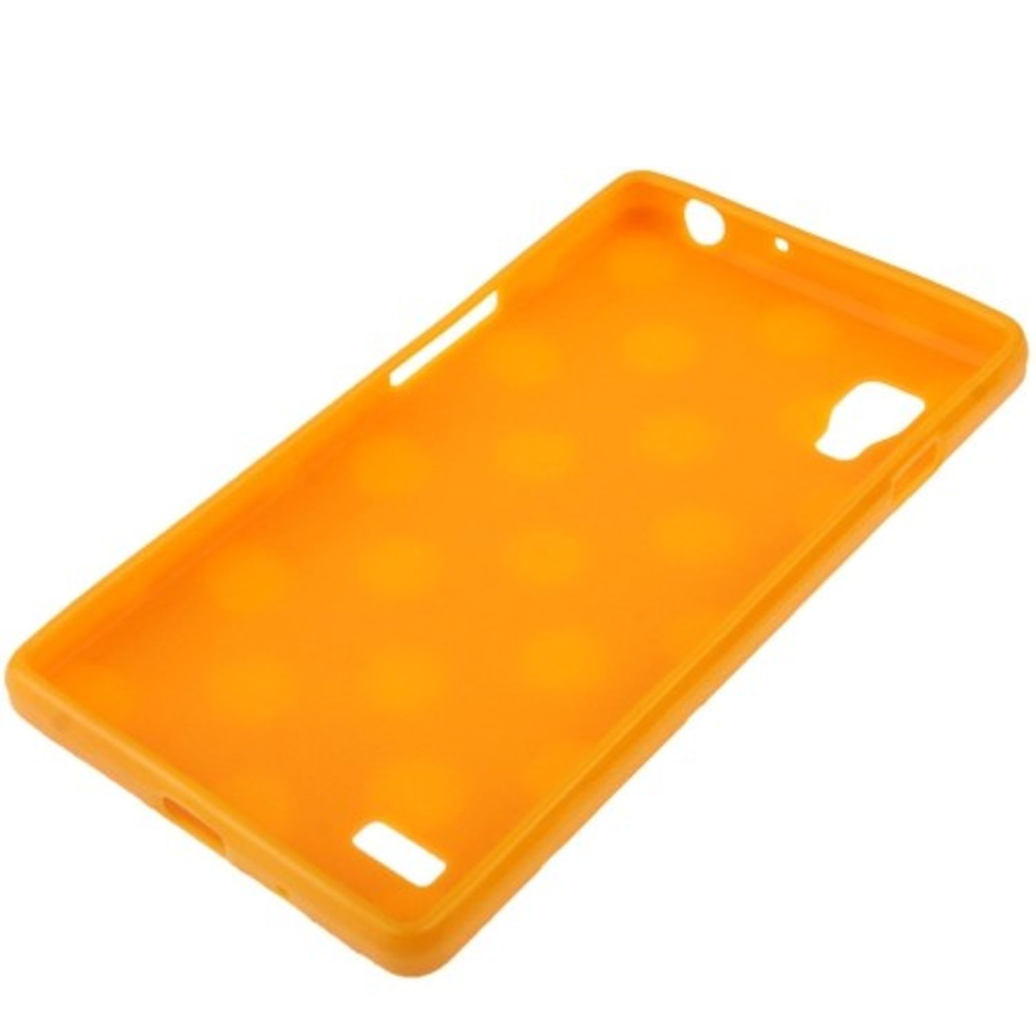 Orangefarbene Handyhülle mit Aussparungen für Kamera und Knöpfe. Weißer Hintergrund.