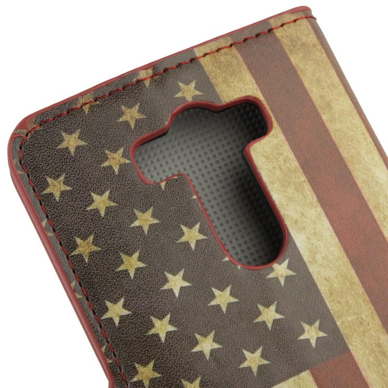 Handyhülle mit US-Flaggen-Design. Rote und weiße Streifen, Sterne in der Ecke. Roter Rand.