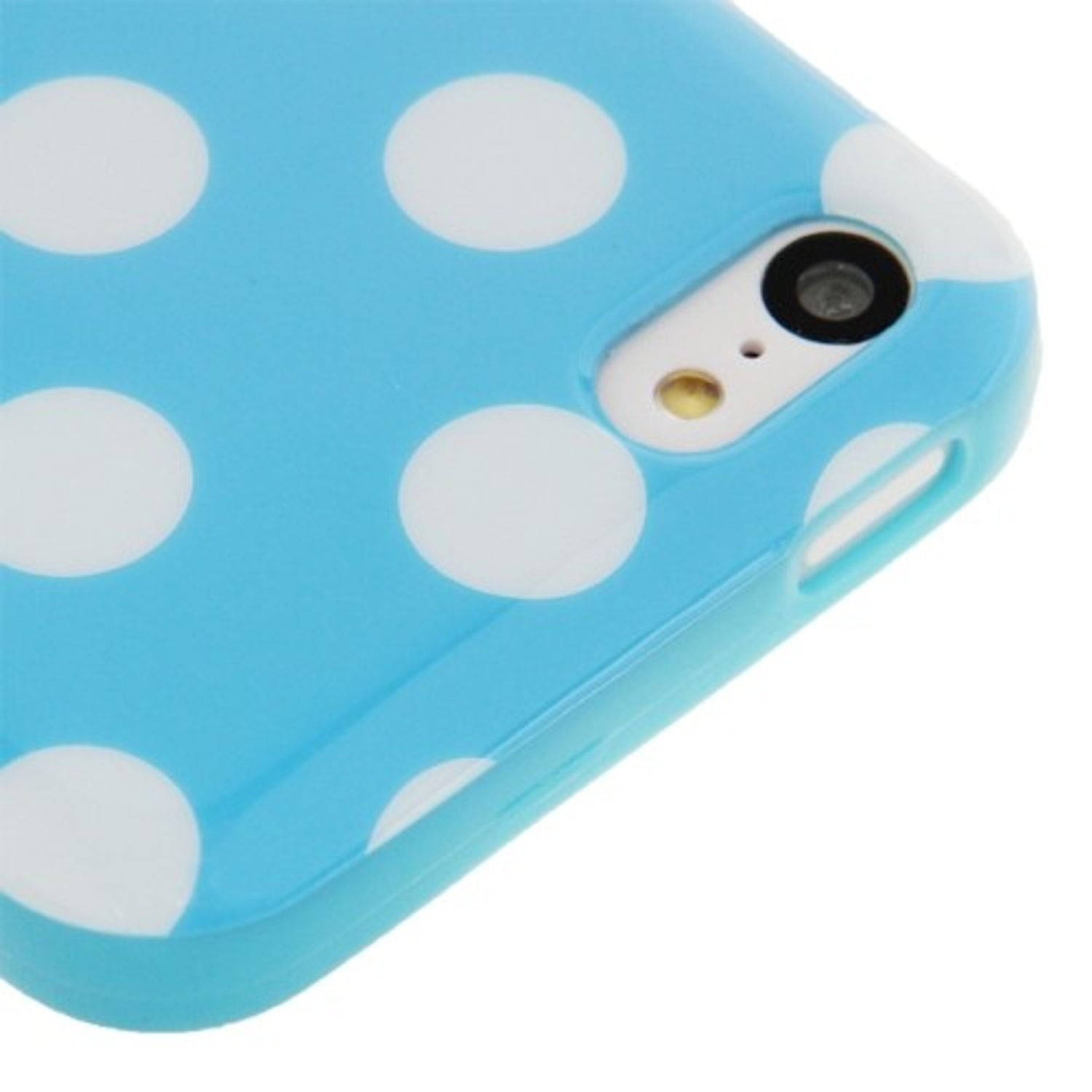 Hellblaue Handyhülle mit weißen Polka Dots. Das Kameraobjektiv ist sichtbar.